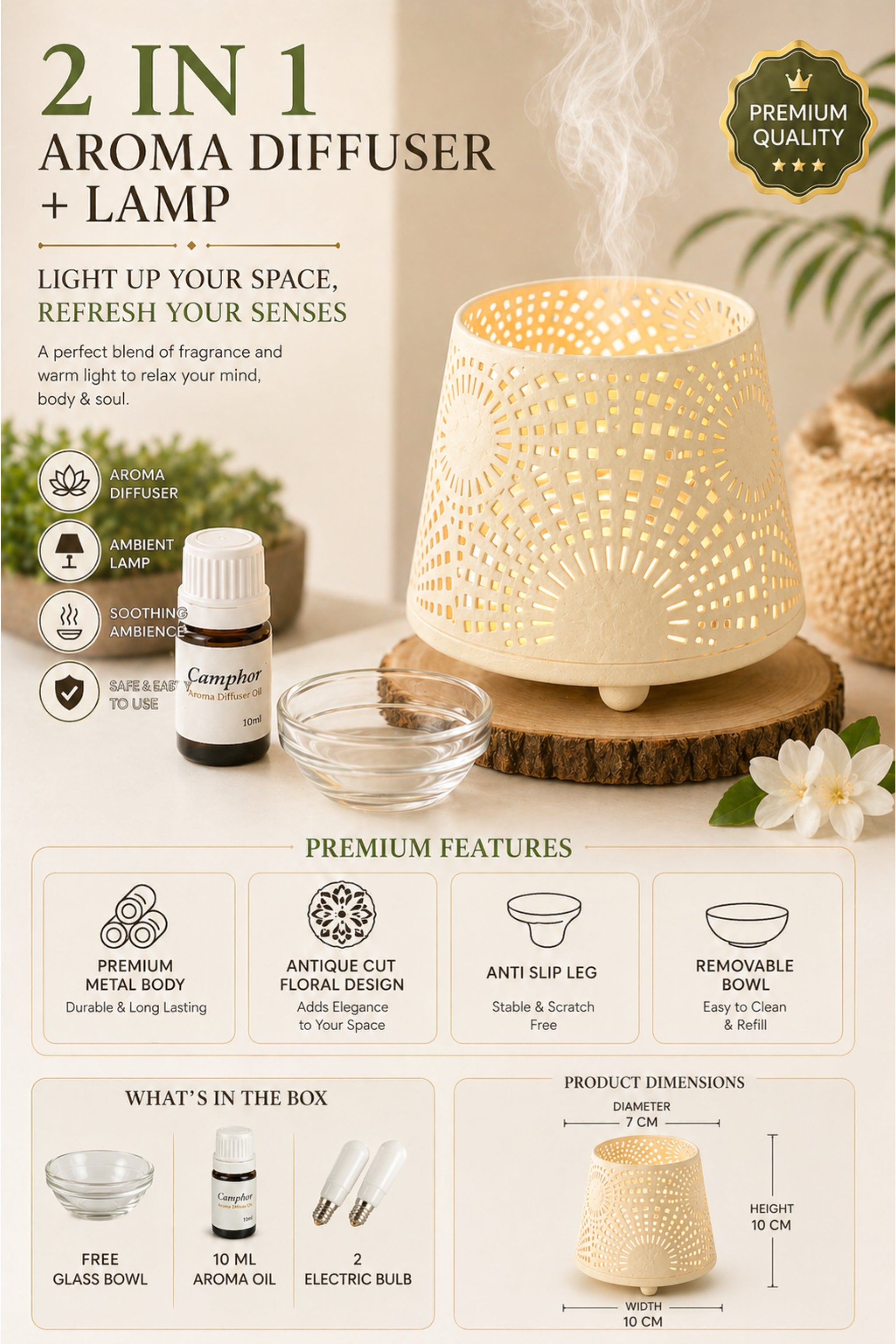 White & Gold Electric Aroma Diffuser with Perforated Design | Essential Oil Burner Lamp with Glass Bowl for Home, Spa & Relaxation | Decorative Fragrance Diffuser for Bedroom & Gifting