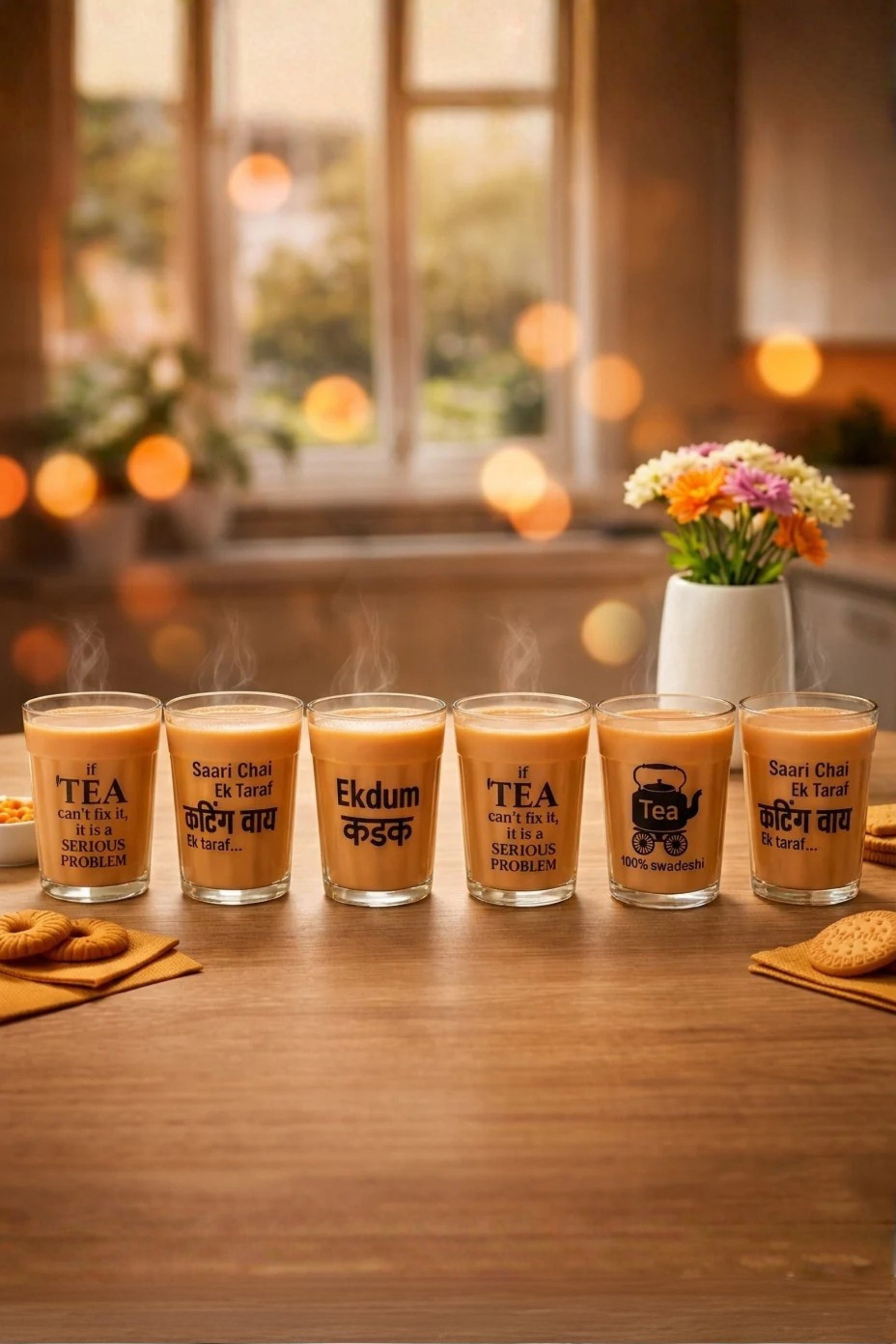 Premium Printed Cutting Chai Glass Set of 6 with Metal Tray & Snack Bowl | Designer Tea Glasses with Iron Serving Stand | Tapri Style Tea Coffee Set for Home, Café & Kitchen Use