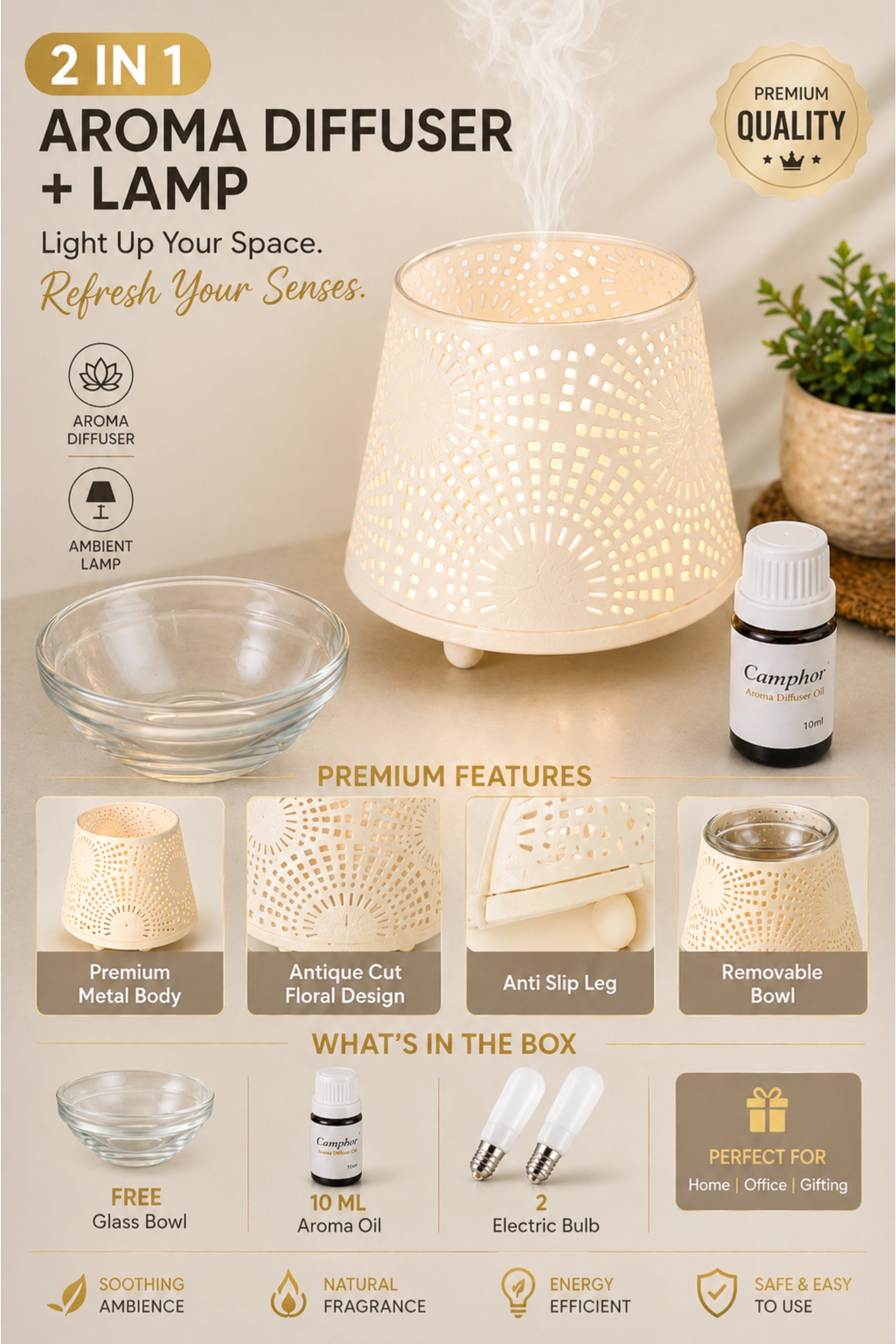 White & Gold Electric Aroma Diffuser with Perforated Design | Essential Oil Burner Lamp with Glass Bowl for Home, Spa & Relaxation | Decorative Fragrance Diffuser for Bedroom & Gifting