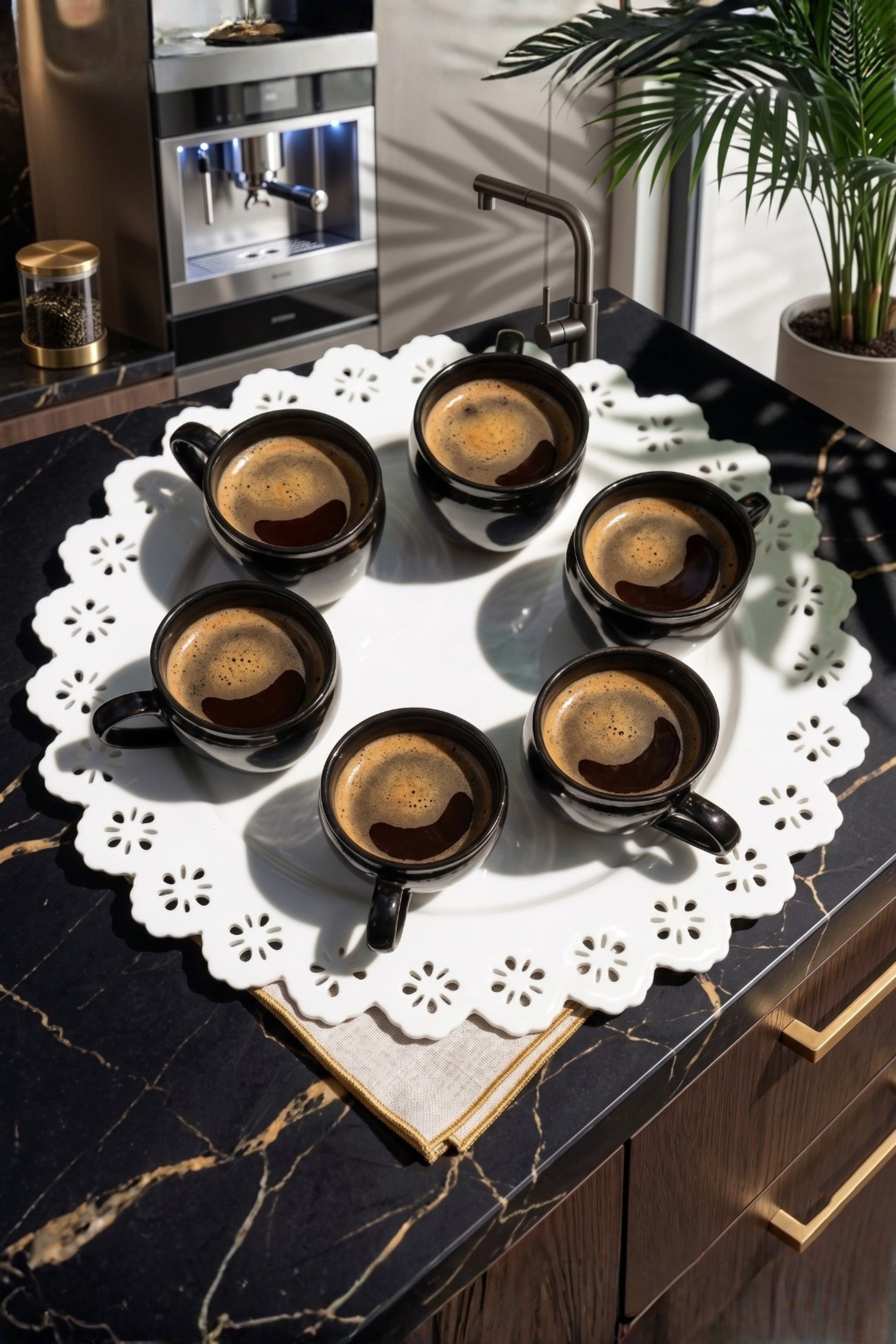 Premium Black Ceramic Tea & Coffee Cup Set with Designer Serving Tray | 6 Pcs Elegant Glossy Mugs | Stylish Drinkware Combo with Decorative Round Tray | Ideal for Home, Office & Gifting