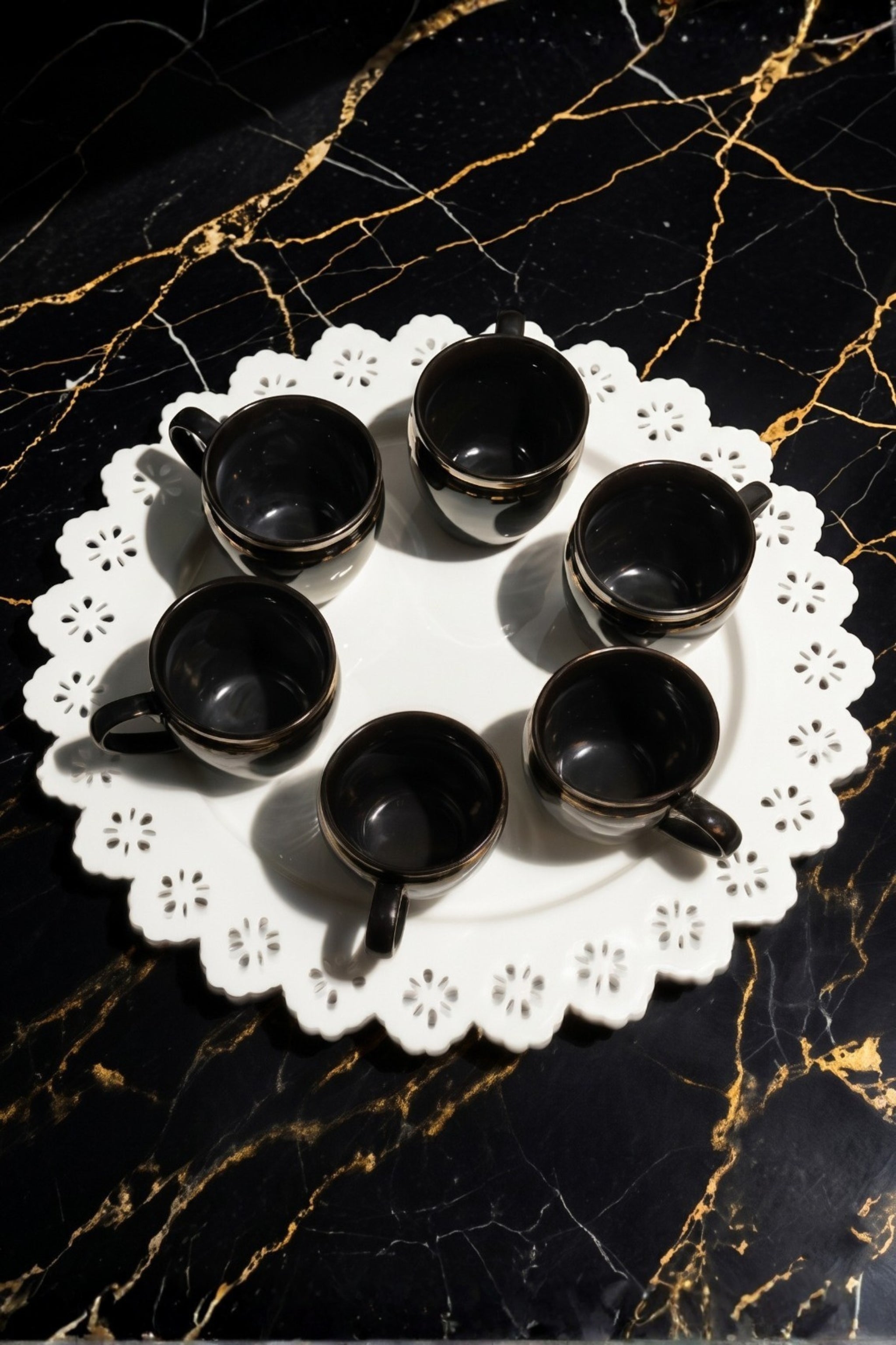 Premium Black Ceramic Tea & Coffee Cup Set with Designer Serving Tray | 6 Pcs Elegant Glossy Mugs | Stylish Drinkware Combo with Decorative Round Tray | Ideal for Home, Office & Gifting