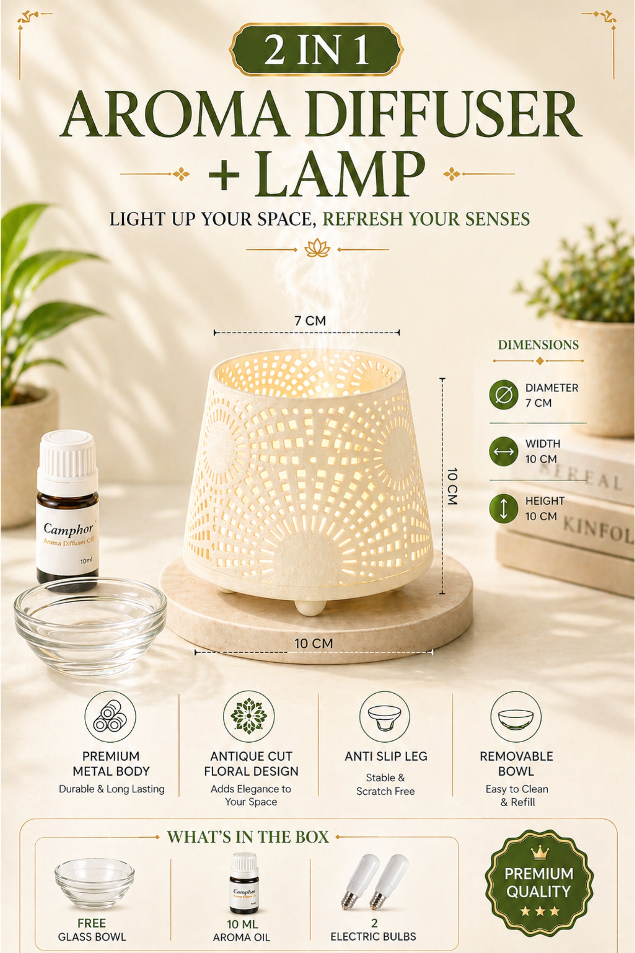 White & Gold Electric Aroma Diffuser with Perforated Design | Essential Oil Burner Lamp with Glass Bowl for Home, Spa & Relaxation | Decorative Fragrance Diffuser for Bedroom & Gifting