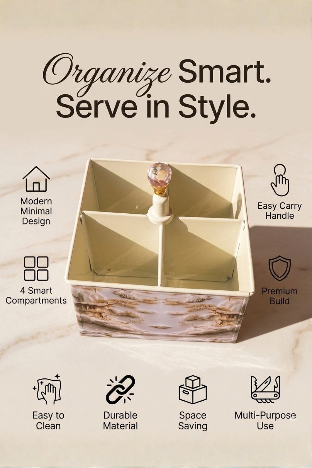 Premium Metal Cutlery & Napkin Holder | Designer Printed Galvanized Organizer with Dual Compartments | Spoon, Fork, Knife & Tissue Stand for Dining Table & Kitchen Use