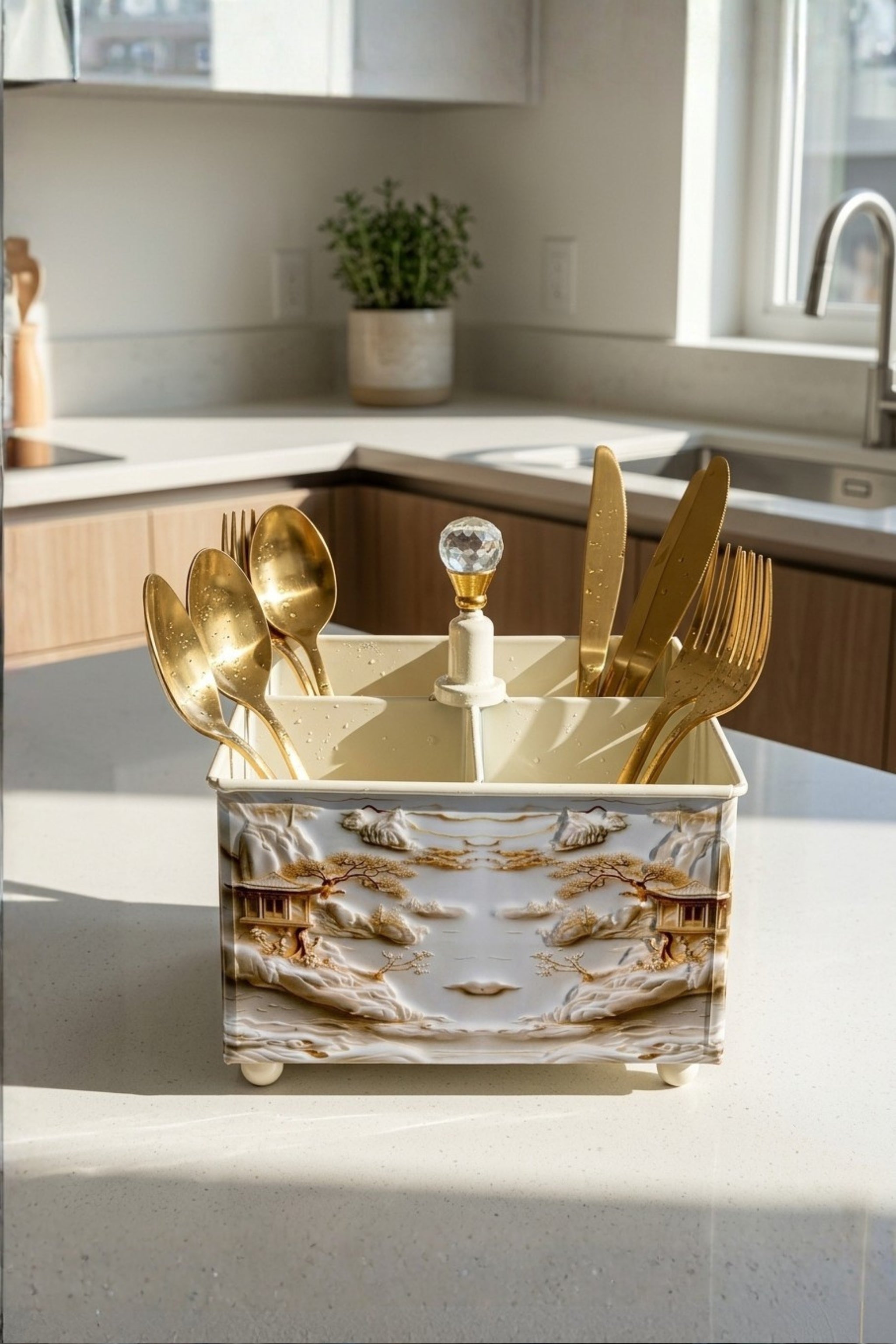 Premium Metal Cutlery & Napkin Holder | Designer Printed Galvanized Organizer with Dual Compartments | Spoon, Fork, Knife & Tissue Stand for Dining Table & Kitchen Use