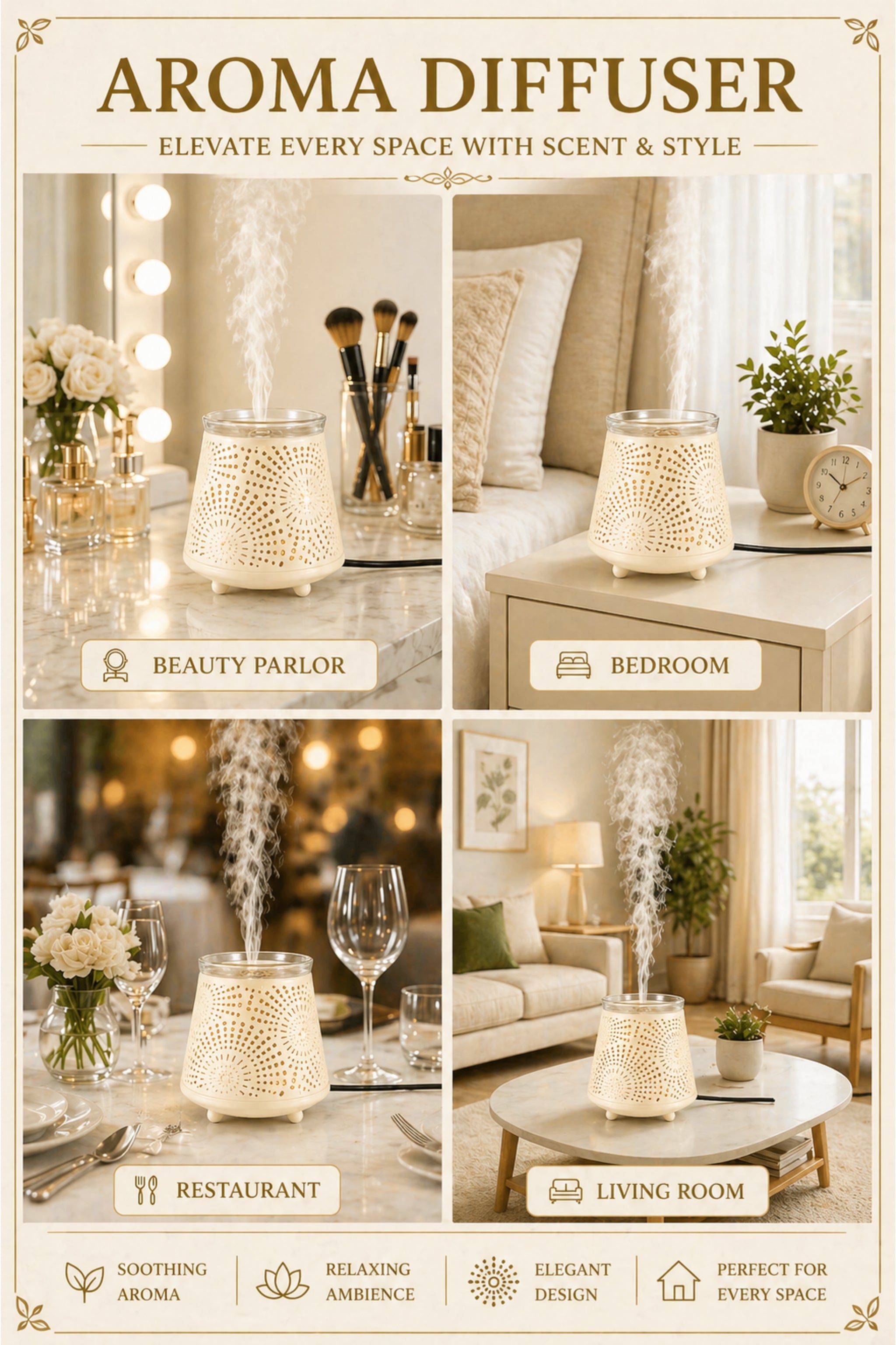 White & Gold Electric Aroma Diffuser with Perforated Design | Essential Oil Burner Lamp with Glass Bowl for Home, Spa & Relaxation | Decorative Fragrance Diffuser for Bedroom & Gifting