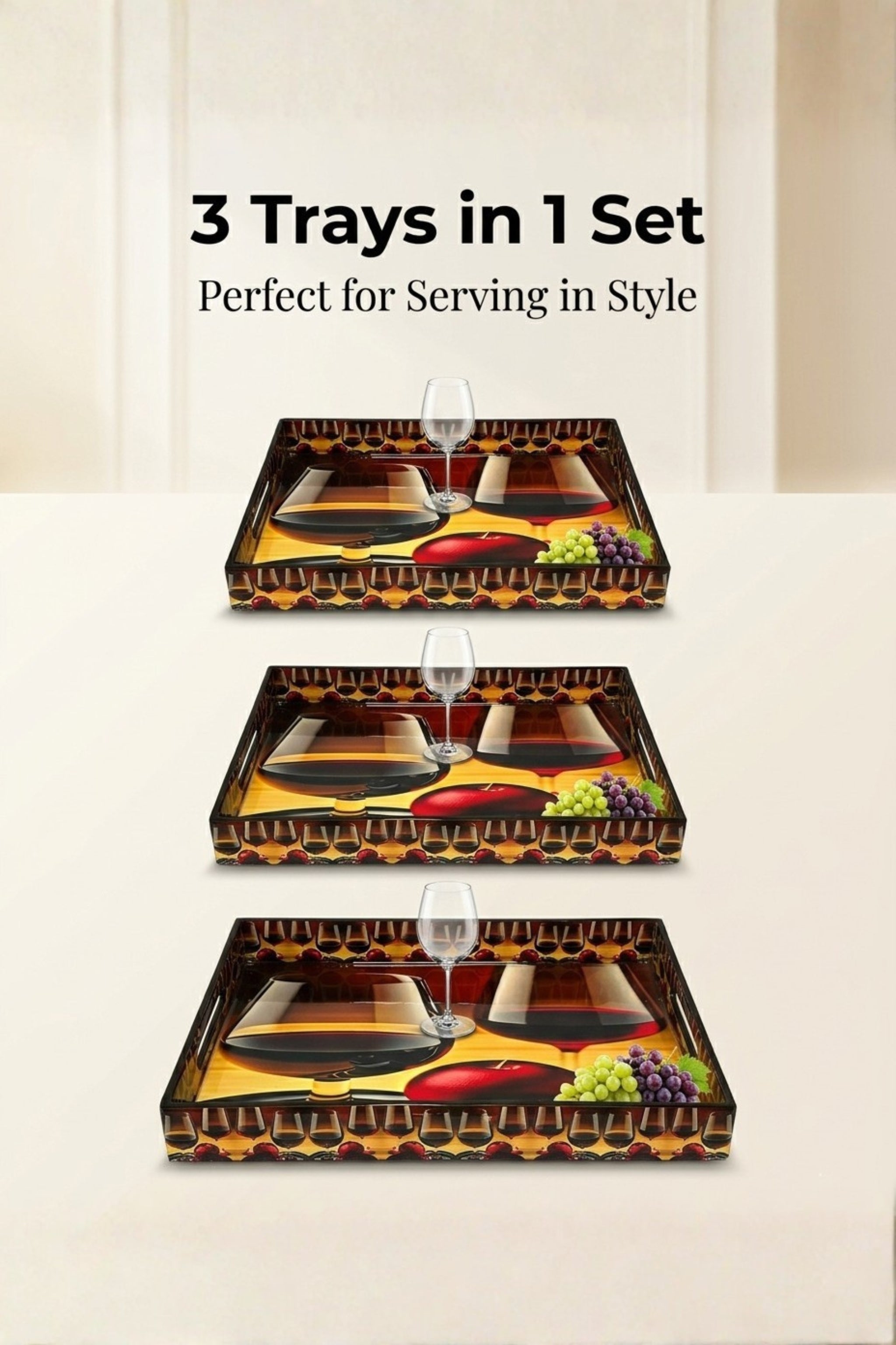 Premium Decorative Serving Tray Set of 3 with Cutout Handles | Wooden Serving Trays for Tea, Coffee, Snacks, Breakfast & Home Décor | Nesting Multipurpose Serving Platters for Kitchen, Dining & Coffee Table
