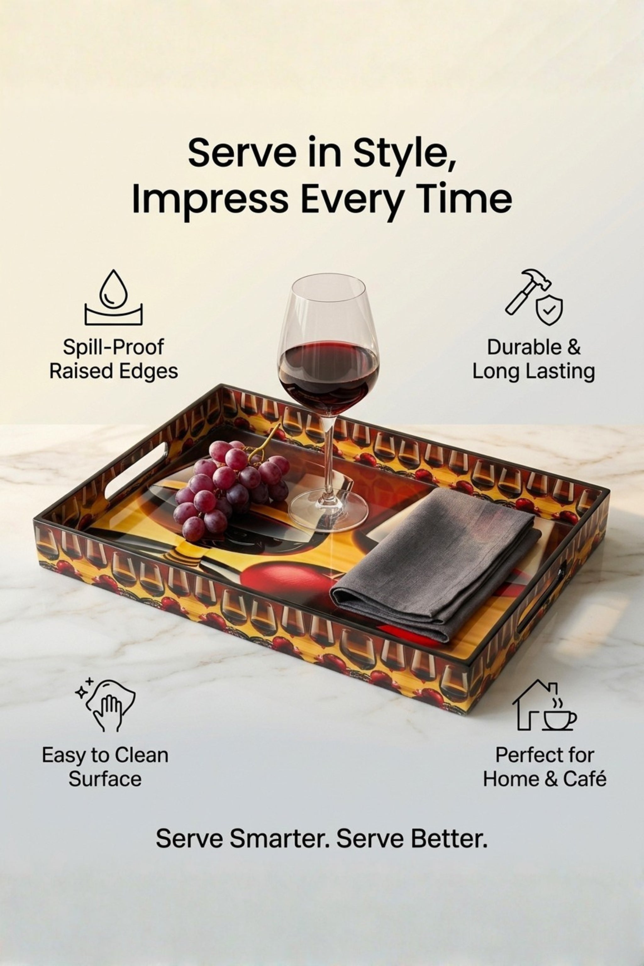 Premium Decorative Serving Tray Set of 3 with Cutout Handles | Wooden Serving Trays for Tea, Coffee, Snacks, Breakfast & Home Décor | Nesting Multipurpose Serving Platters for Kitchen, Dining & Coffee Table