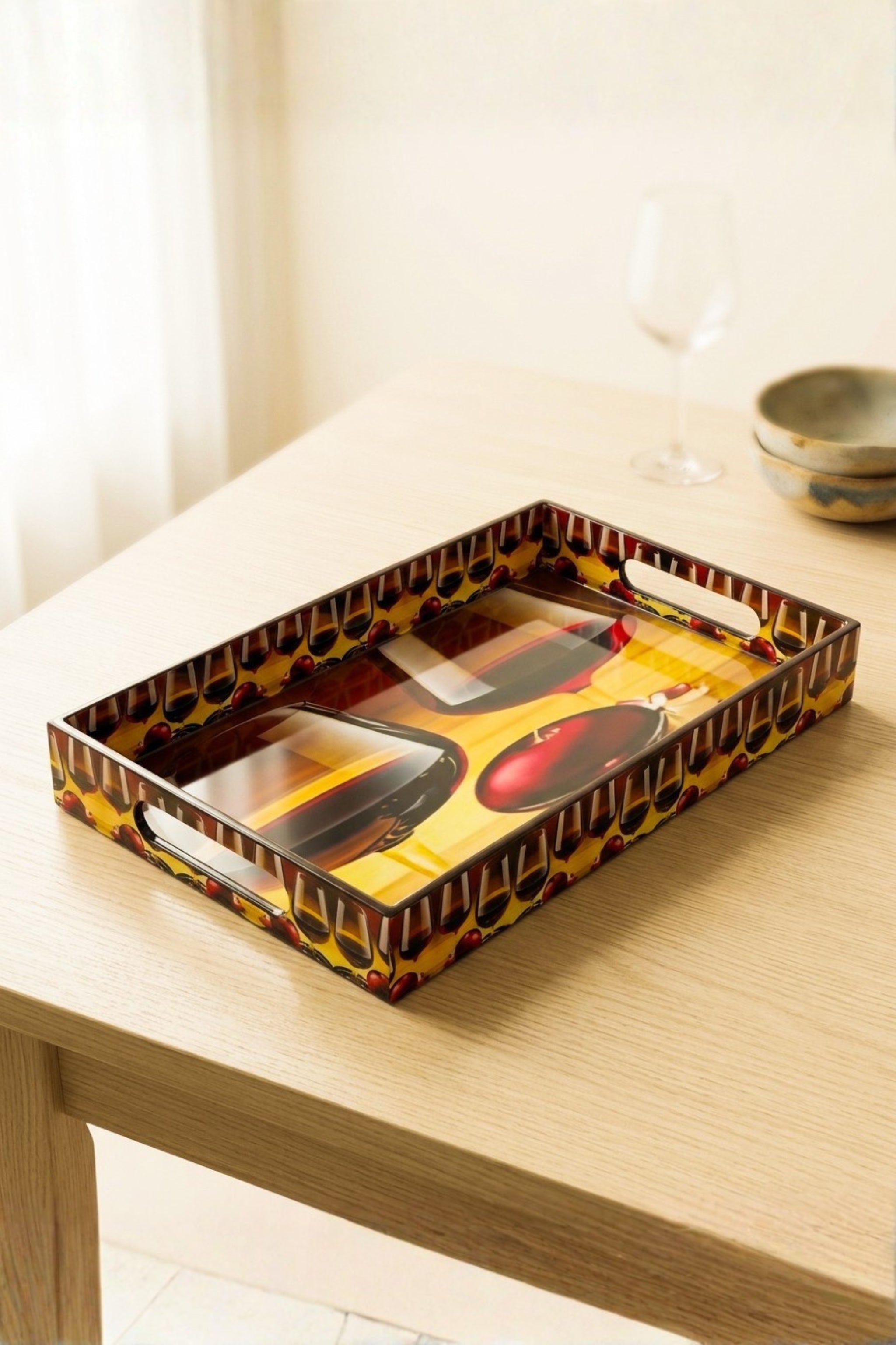 Premium Decorative Serving Tray Set of 3 with Cutout Handles | Wooden Serving Trays for Tea, Coffee, Snacks, Breakfast & Home Décor | Nesting Multipurpose Serving Platters for Kitchen, Dining & Coffee Table