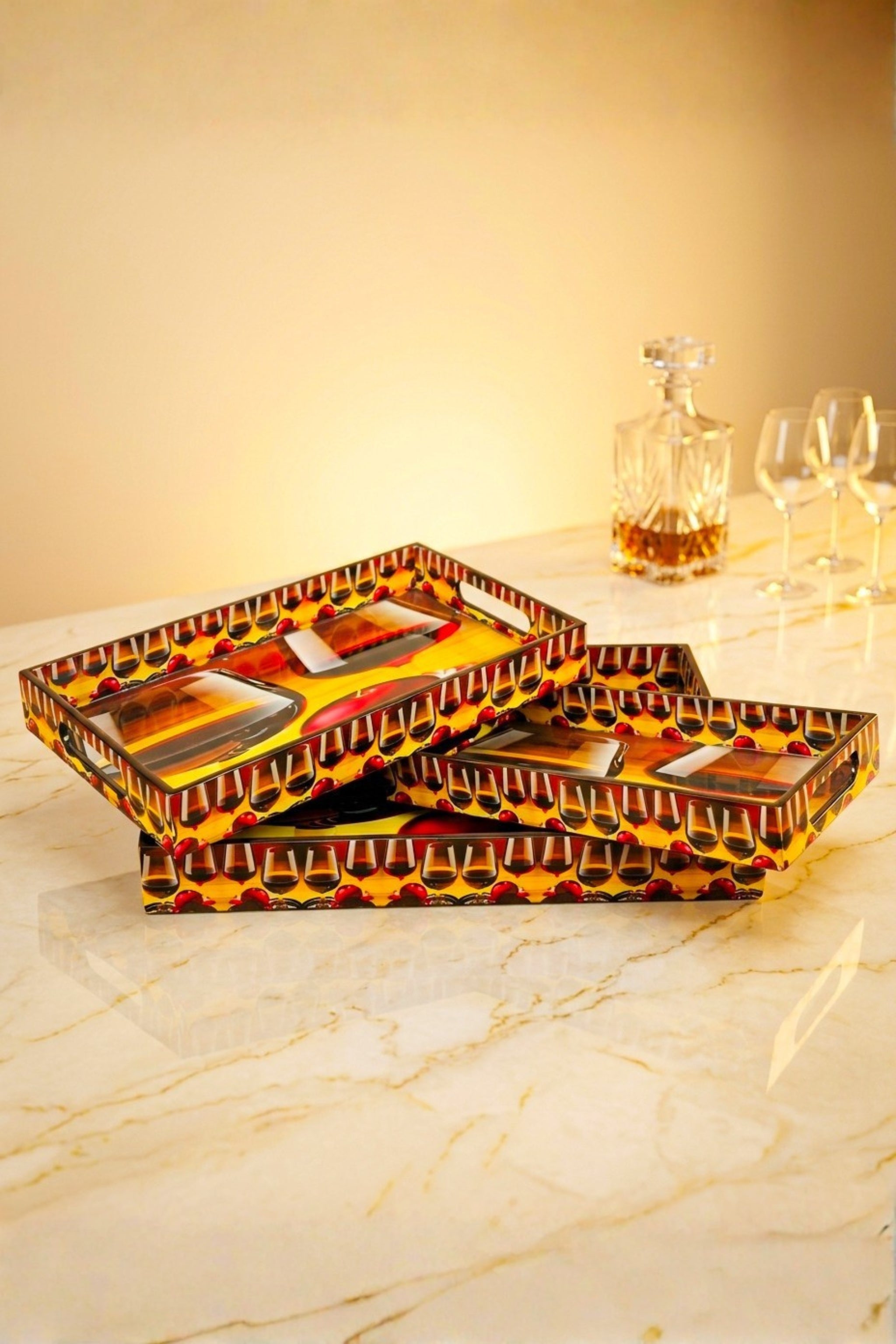 Premium Decorative Serving Tray Set of 3 with Cutout Handles | Wooden Serving Trays for Tea, Coffee, Snacks, Breakfast & Home Décor | Nesting Multipurpose Serving Platters for Kitchen, Dining & Coffee Table