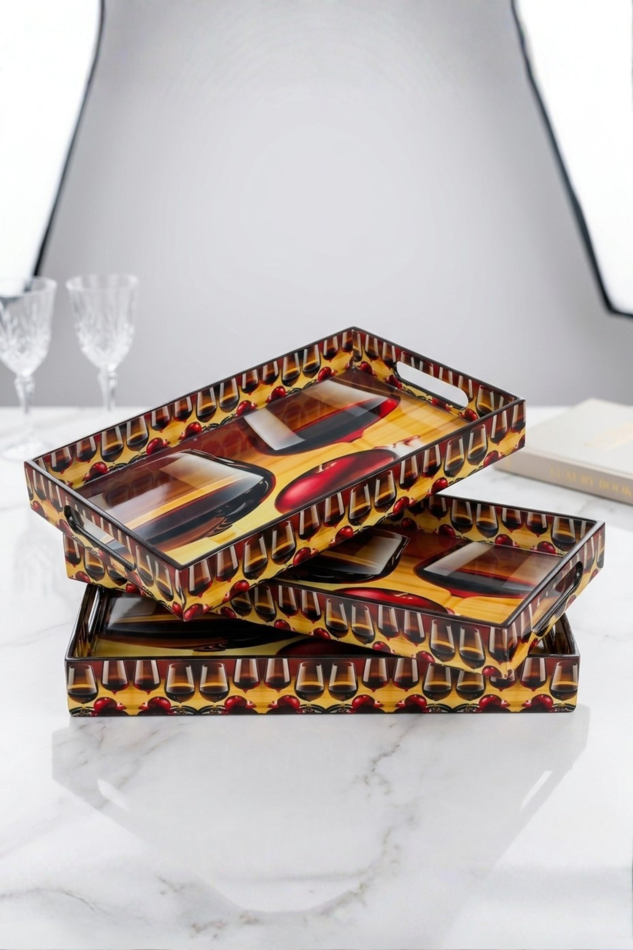 Premium Decorative Serving Tray Set of 3 with Cutout Handles | Wooden Serving Trays for Tea, Coffee, Snacks, Breakfast & Home Décor | Nesting Multipurpose Serving Platters for Kitchen, Dining & Coffee Table