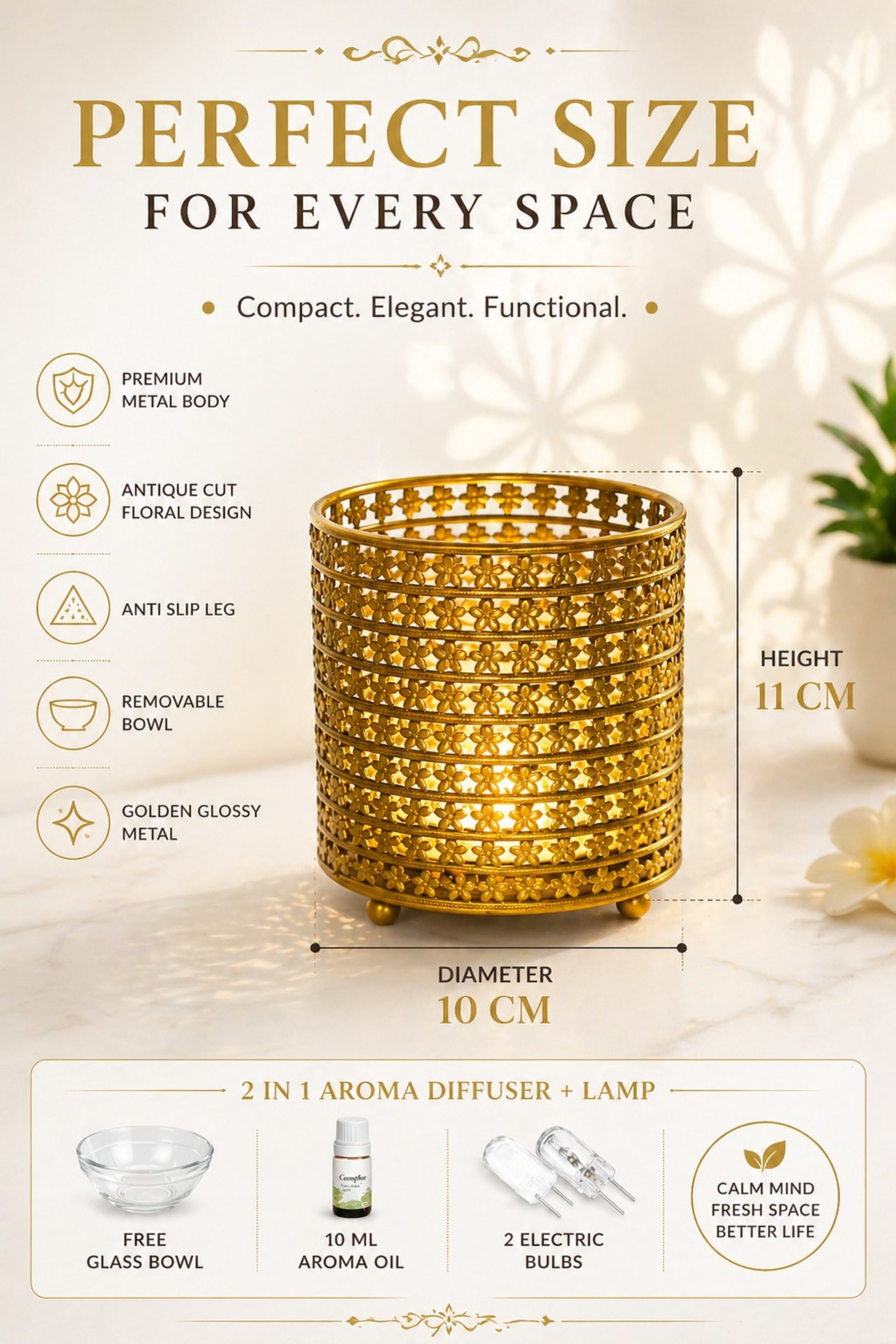 Golden Floral Electric Aroma Diffuser with Cutwork Design | Essential Oil Burner Lamp for Home, Spa & Relaxation | Fragrance Diffuser with Free Glass Bowl, 10ml Aroma Oil & 2 Bulbs