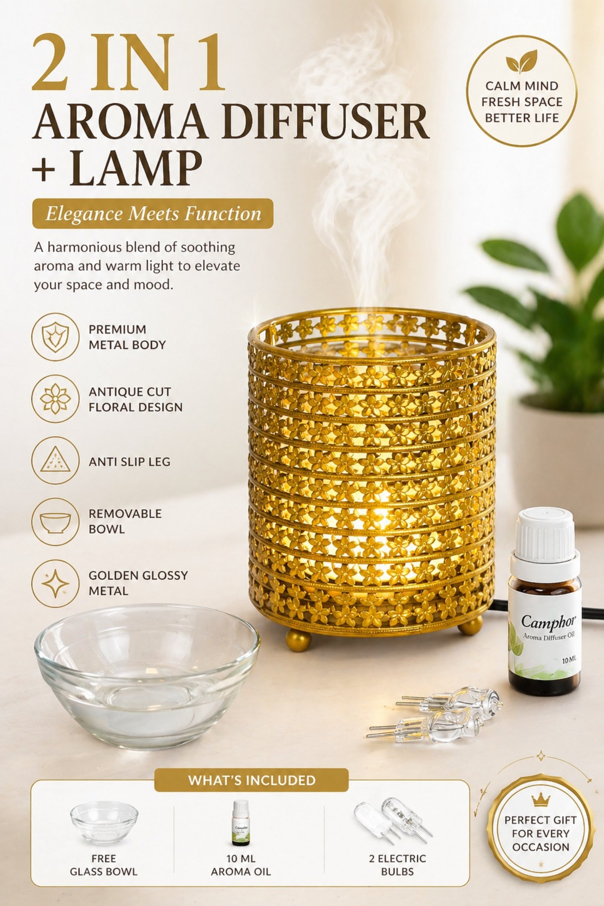 Golden Floral Electric Aroma Diffuser with Cutwork Design | Essential Oil Burner Lamp for Home, Spa & Relaxation | Fragrance Diffuser with Free Glass Bowl, 10ml Aroma Oil & 2 Bulbs