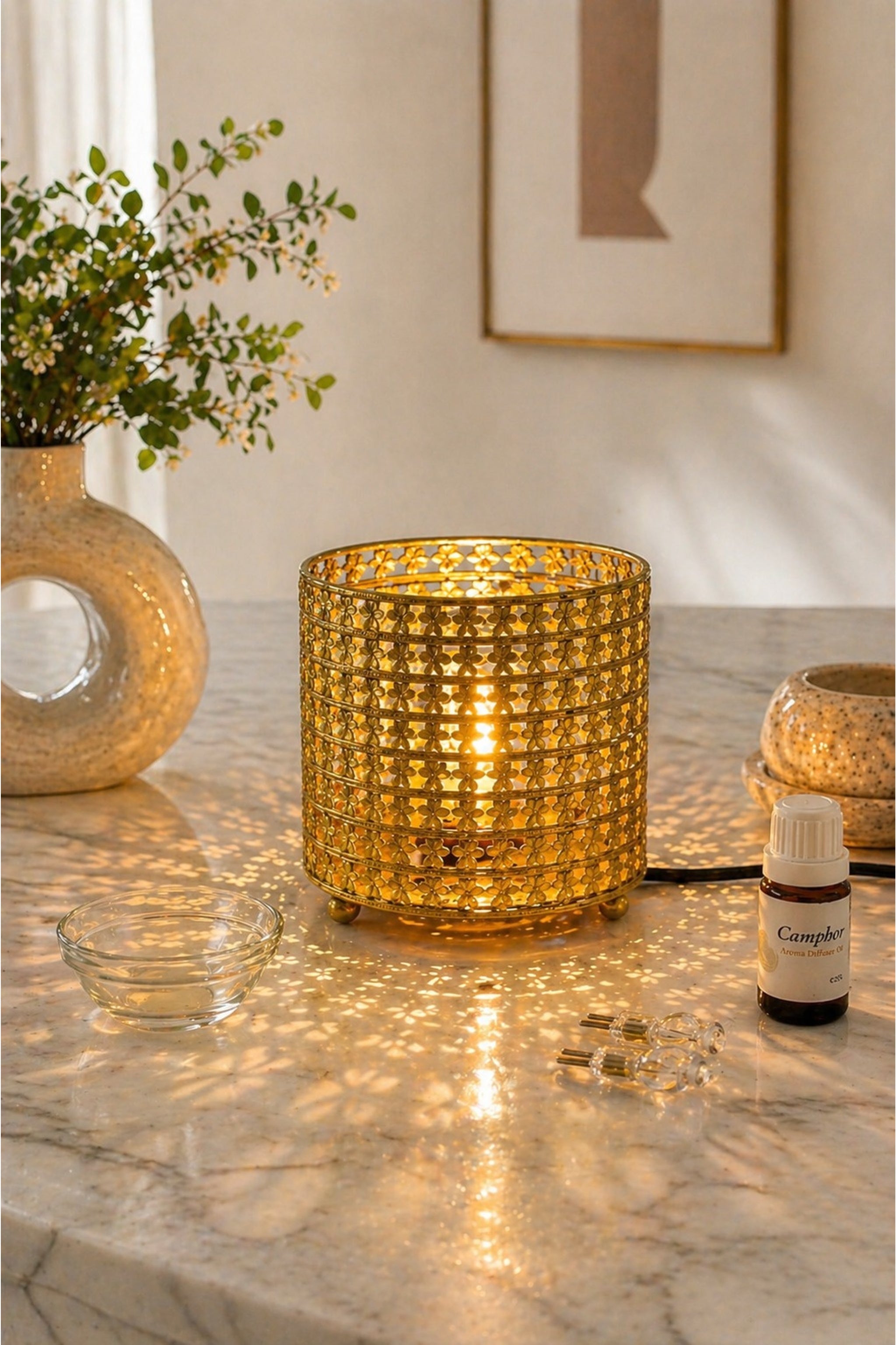 Golden Floral Electric Aroma Diffuser with Cutwork Design | Essential Oil Burner Lamp for Home, Spa & Relaxation | Fragrance Diffuser with Free Glass Bowl, 10ml Aroma Oil & 2 Bulbs