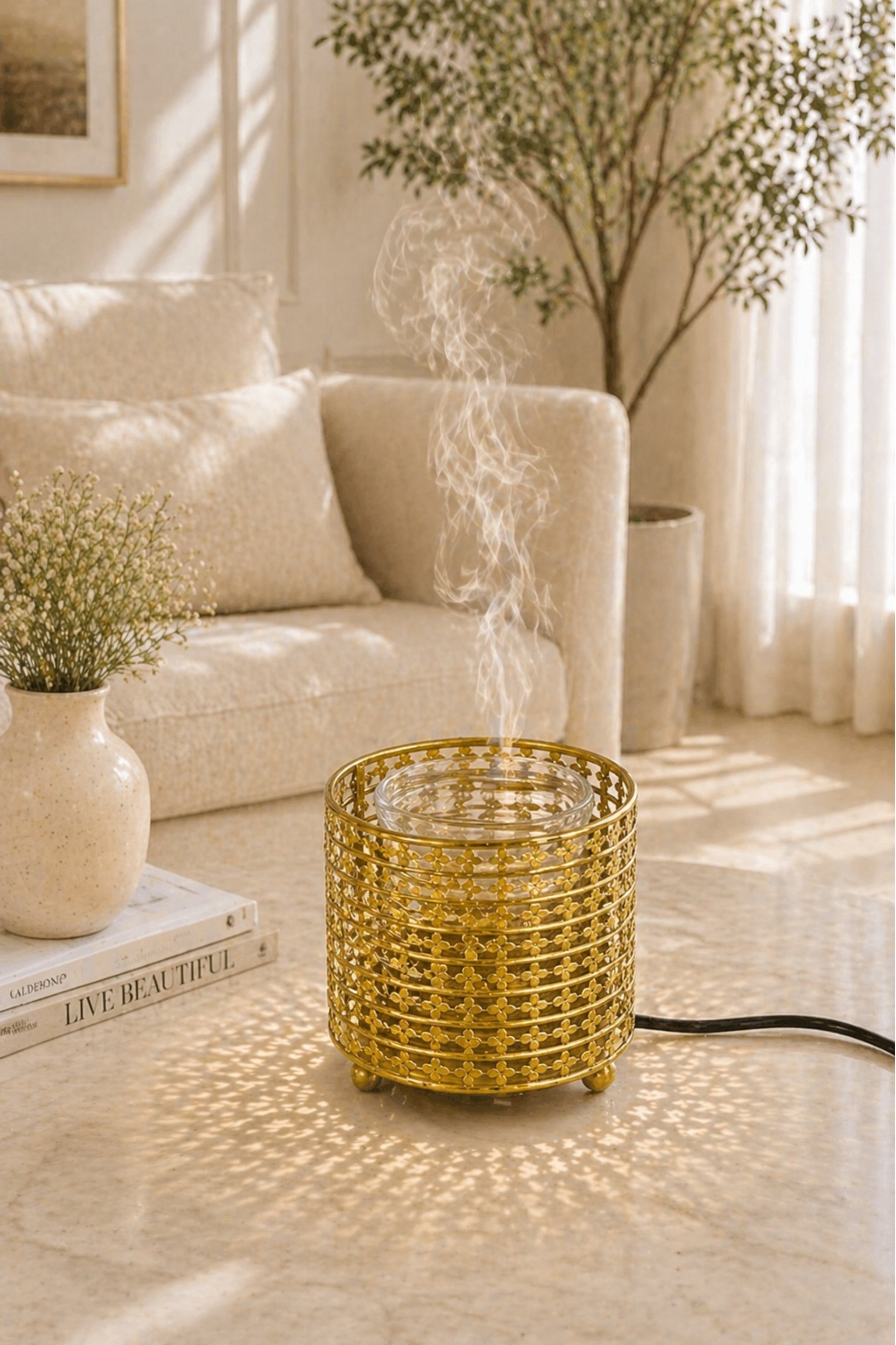 Golden Floral Electric Aroma Diffuser with Cutwork Design | Essential Oil Burner Lamp for Home, Spa & Relaxation | Fragrance Diffuser with Free Glass Bowl, 10ml Aroma Oil & 2 Bulbs