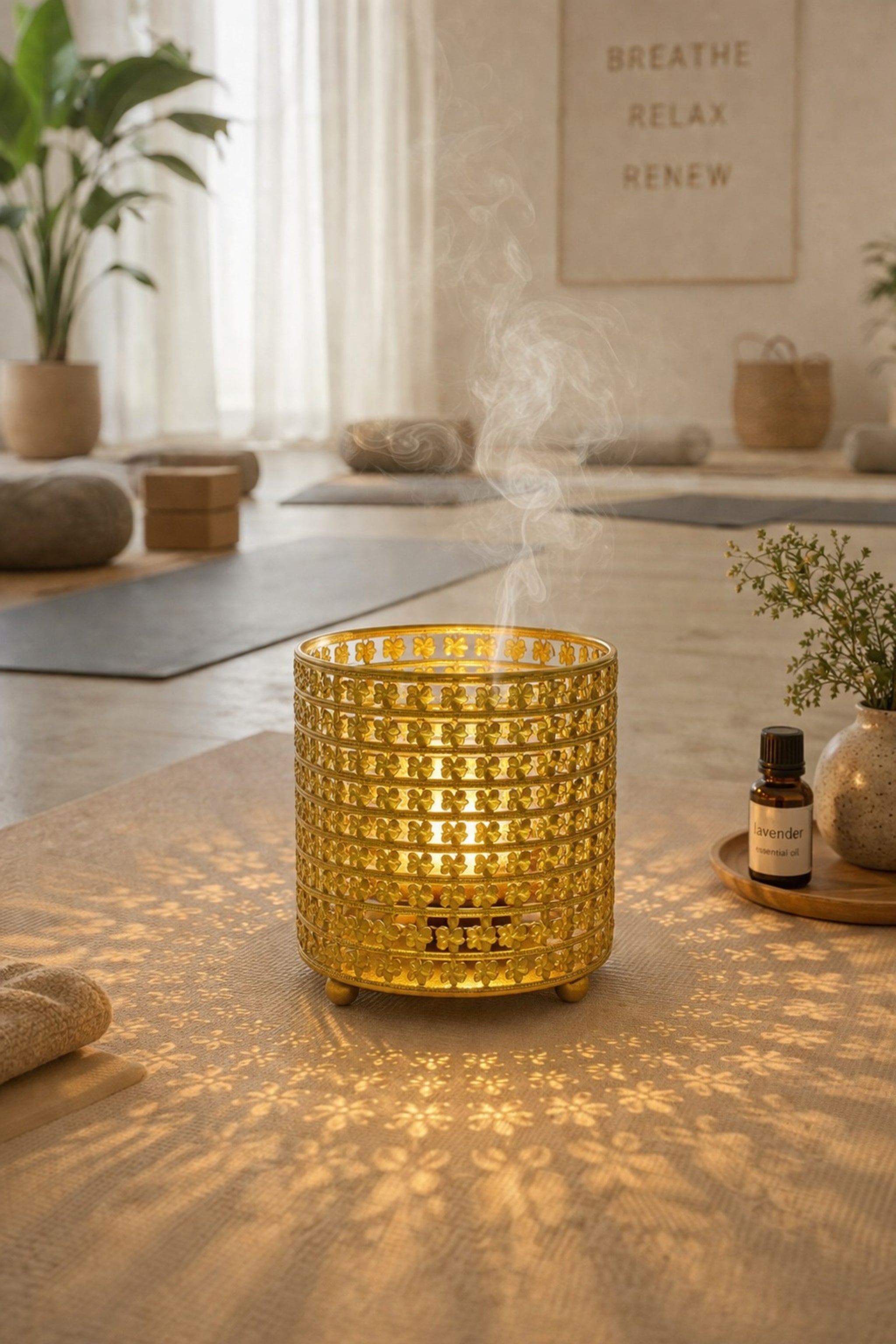 Golden Floral Electric Aroma Diffuser with Cutwork Design | Essential Oil Burner Lamp for Home, Spa & Relaxation | Fragrance Diffuser with Free Glass Bowl, 10ml Aroma Oil & 2 Bulbs