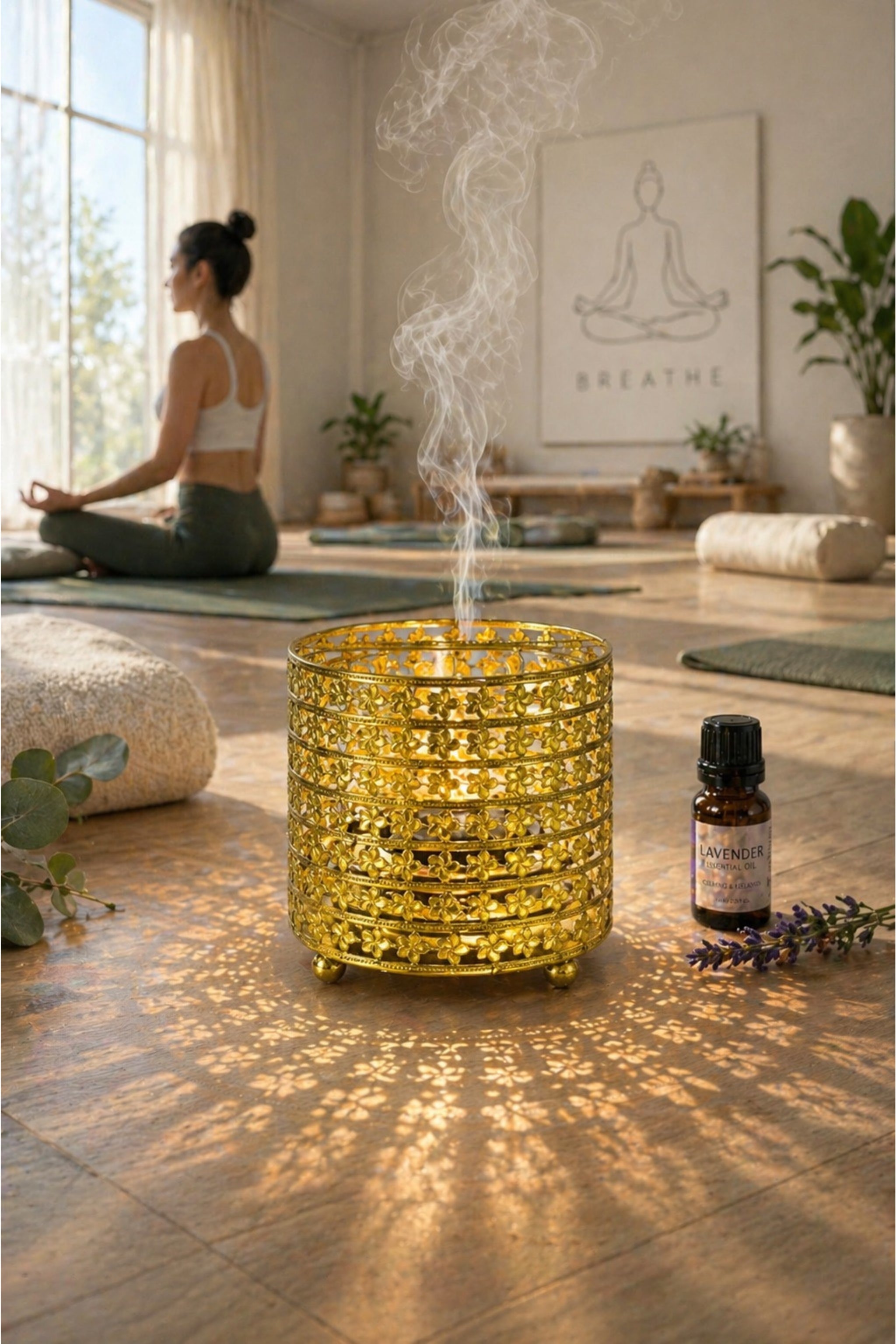 Golden Floral Electric Aroma Diffuser with Cutwork Design | Essential Oil Burner Lamp for Home, Spa & Relaxation | Fragrance Diffuser with Free Glass Bowl, 10ml Aroma Oil & 2 Bulbs