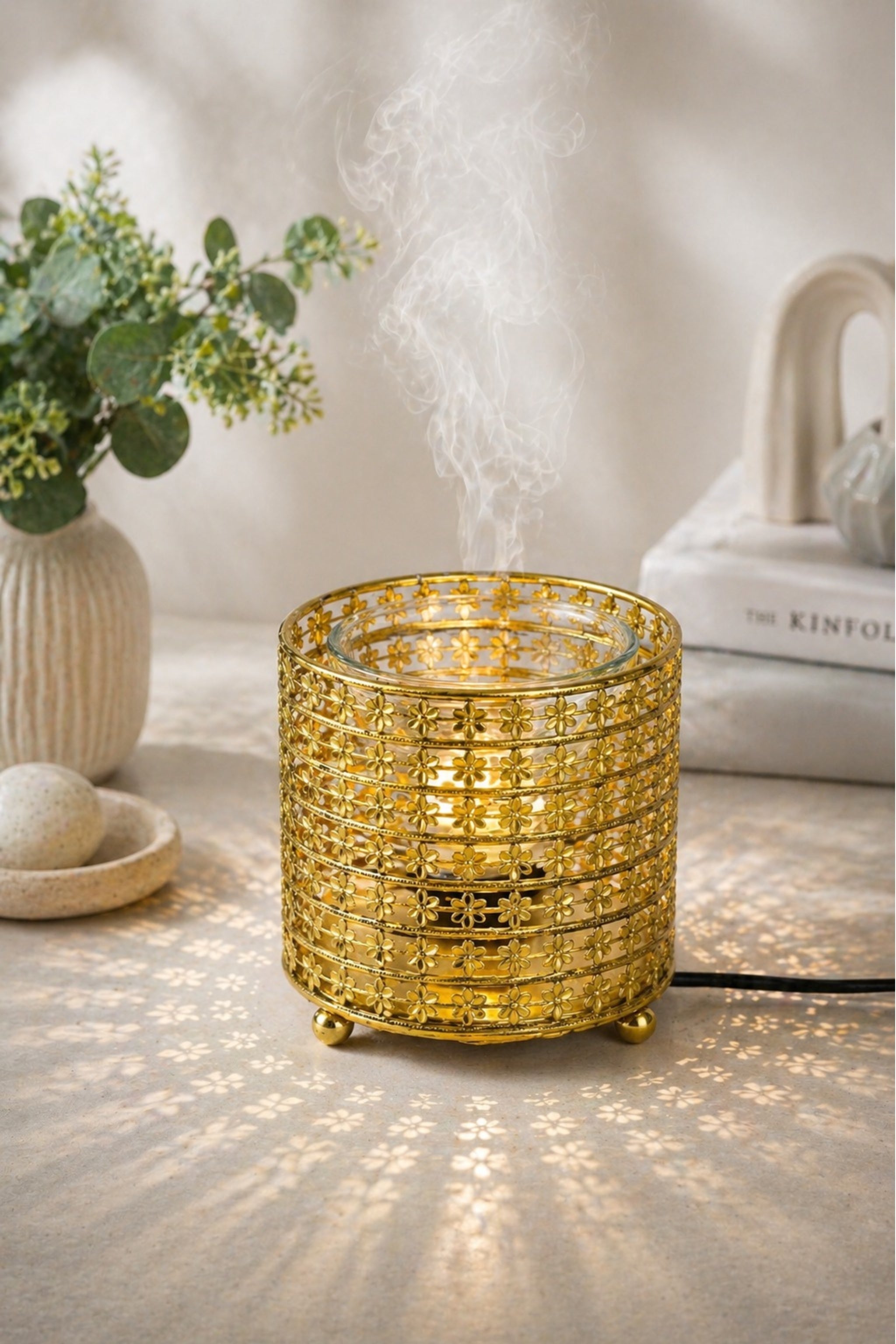 Golden Floral Electric Aroma Diffuser with Cutwork Design | Essential Oil Burner Lamp for Home, Spa & Relaxation | Fragrance Diffuser with Free Glass Bowl, 10ml Aroma Oil & 2 Bulbs