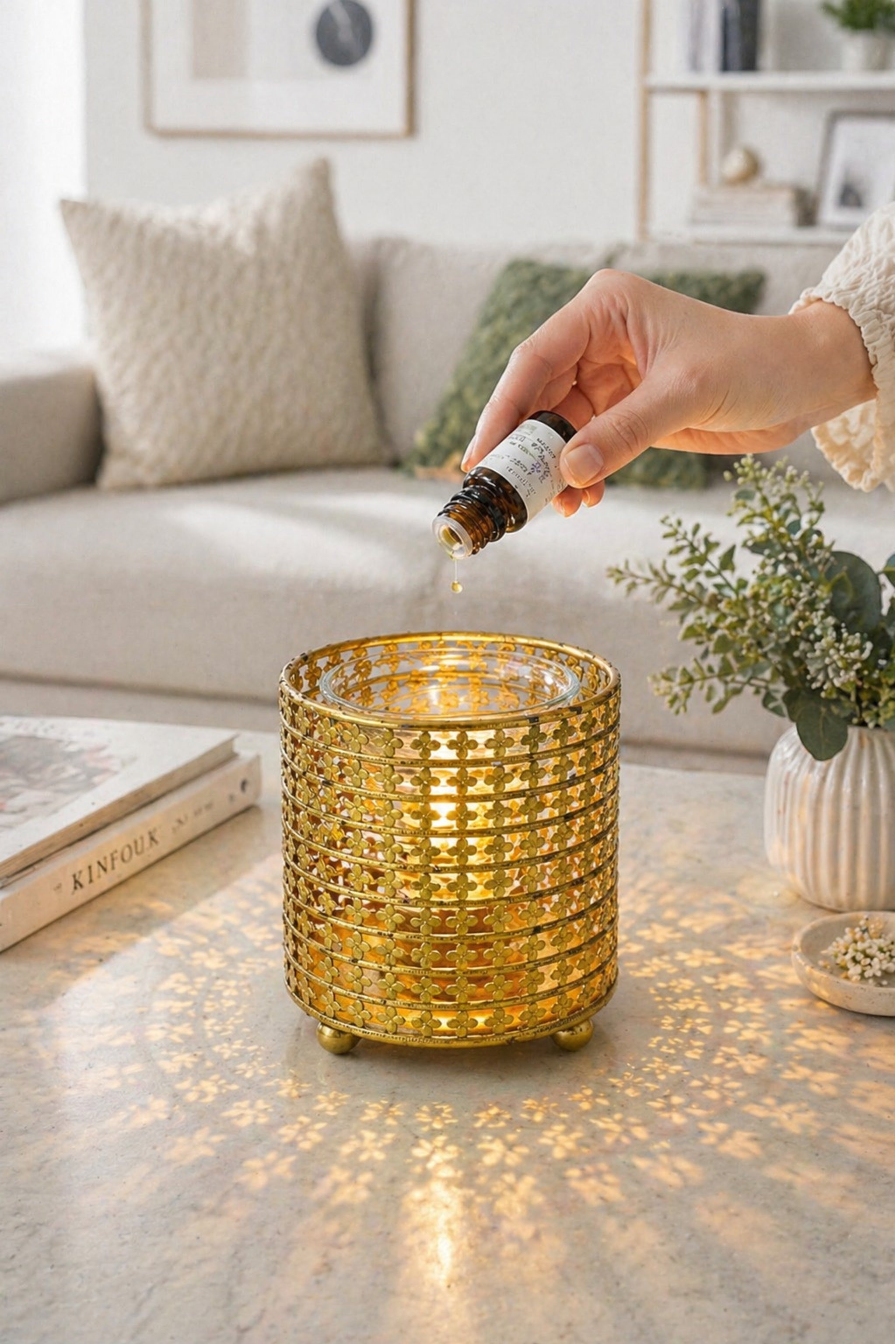 Golden Floral Electric Aroma Diffuser with Cutwork Design | Essential Oil Burner Lamp for Home, Spa & Relaxation | Fragrance Diffuser with Free Glass Bowl, 10ml Aroma Oil & 2 Bulbs