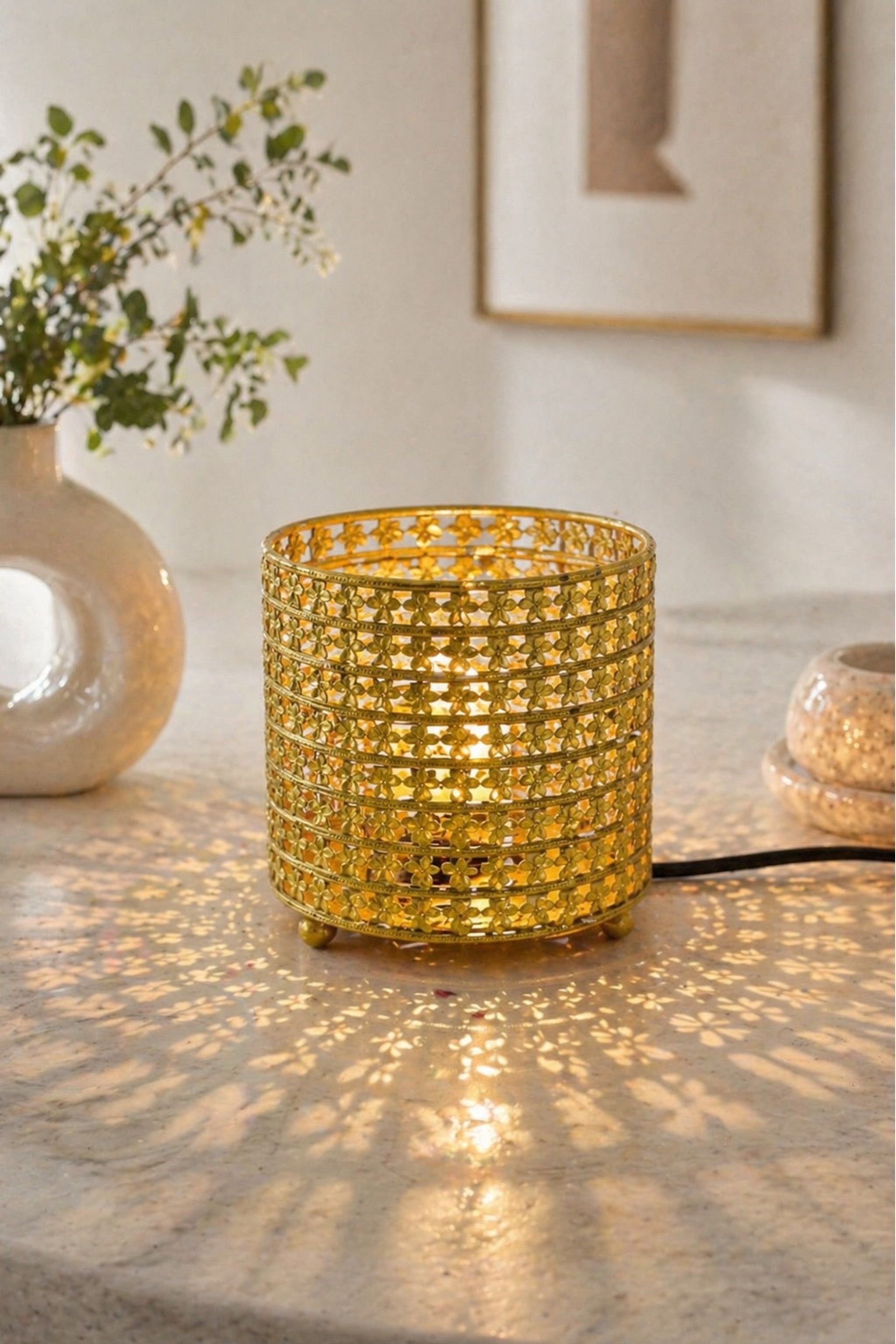 Golden Floral Electric Aroma Diffuser with Cutwork Design | Essential Oil Burner Lamp for Home, Spa & Relaxation | Fragrance Diffuser with Free Glass Bowl, 10ml Aroma Oil & 2 Bulbs