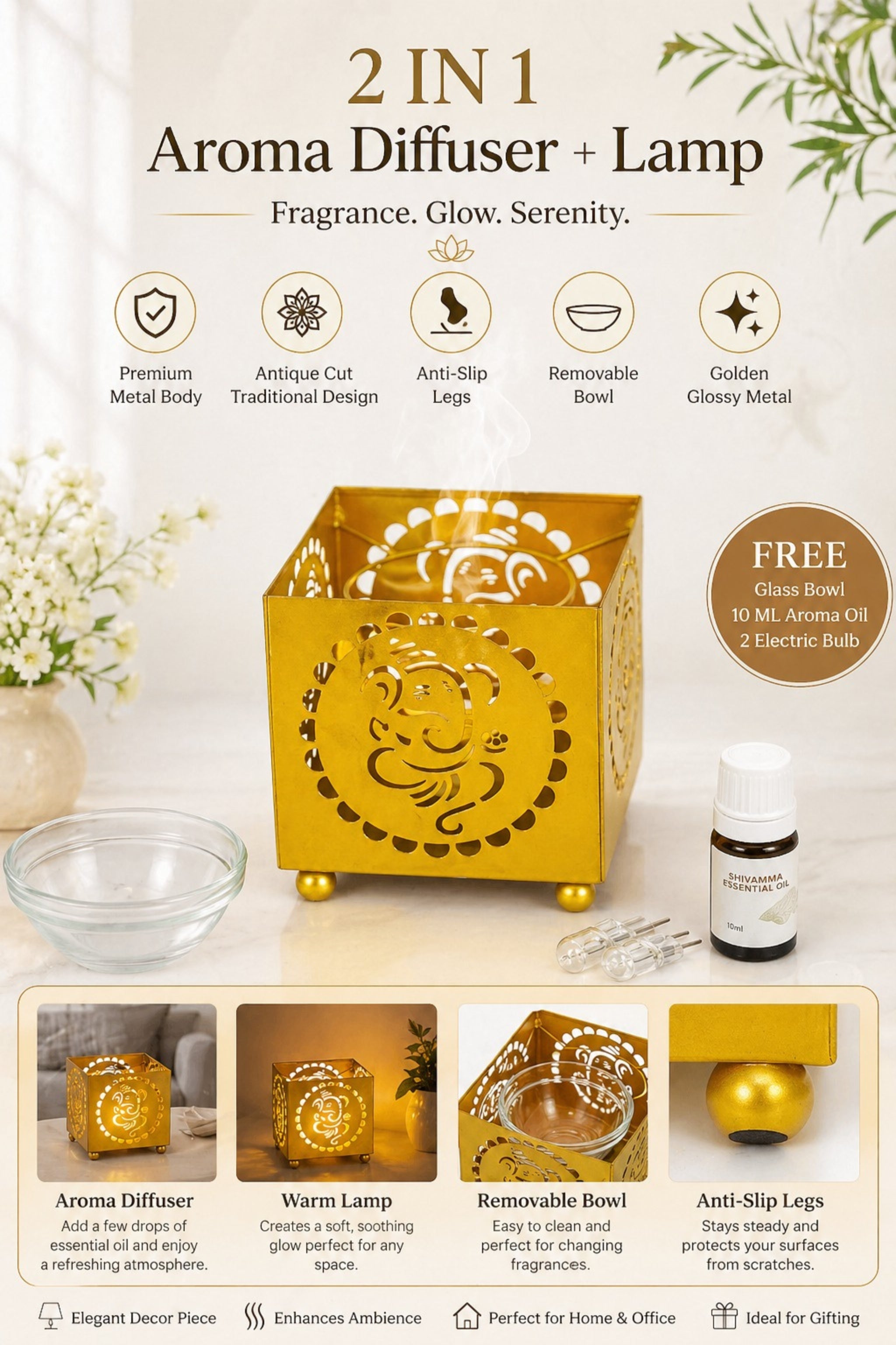 Lord Ganesha Electric Aroma Diffuser with Cutwork Design | Spiritual Essential Oil Burner Lamp for Temple, Home & Meditation | Fragrance Diffuser with Free Glass Bowl, 10ml Aroma Oil & 2 Bulbs