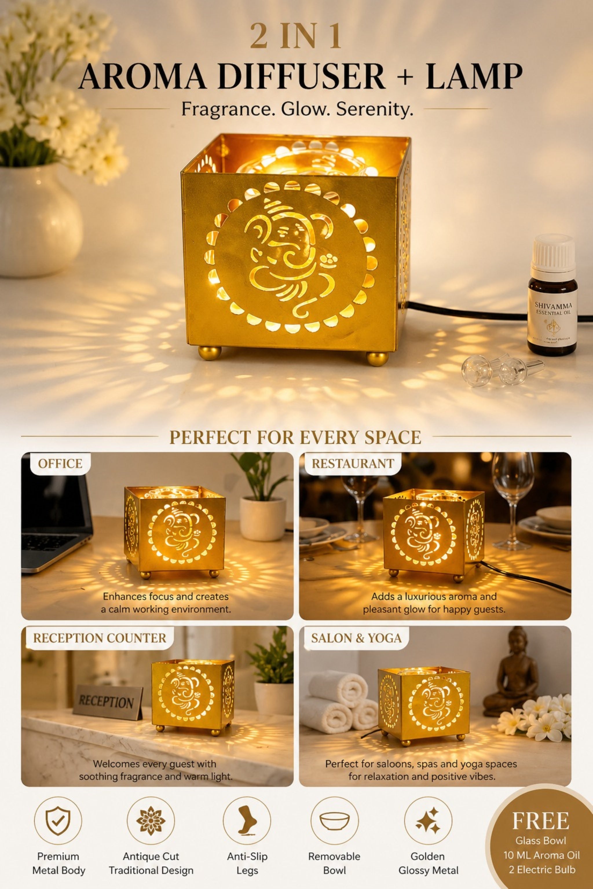 Lord Ganesha Electric Aroma Diffuser with Cutwork Design | Spiritual Essential Oil Burner Lamp for Temple, Home & Meditation | Fragrance Diffuser with Free Glass Bowl, 10ml Aroma Oil & 2 Bulbs
