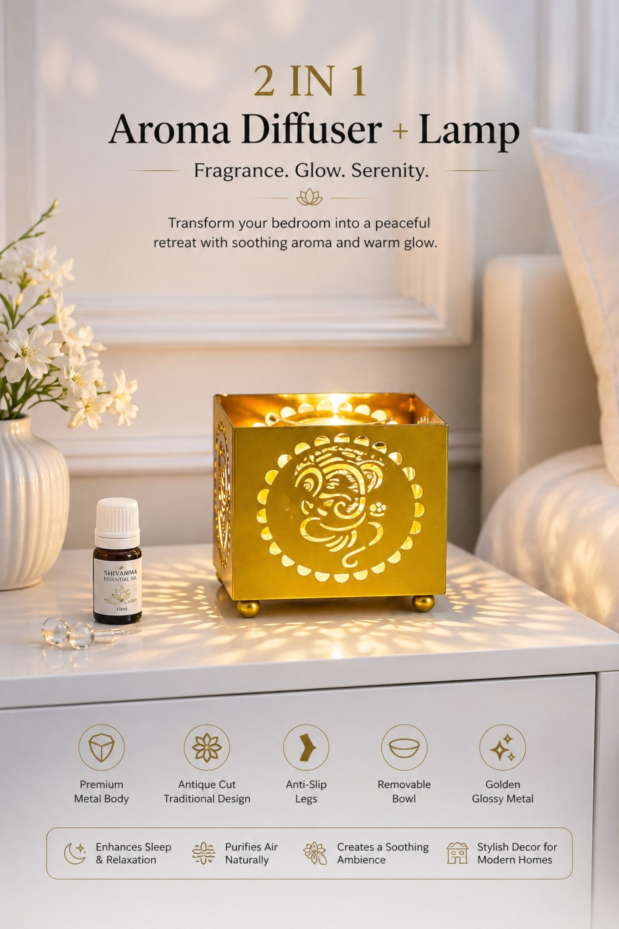 Lord Ganesha Electric Aroma Diffuser with Cutwork Design | Spiritual Essential Oil Burner Lamp for Temple, Home & Meditation | Fragrance Diffuser with Free Glass Bowl, 10ml Aroma Oil & 2 Bulbs