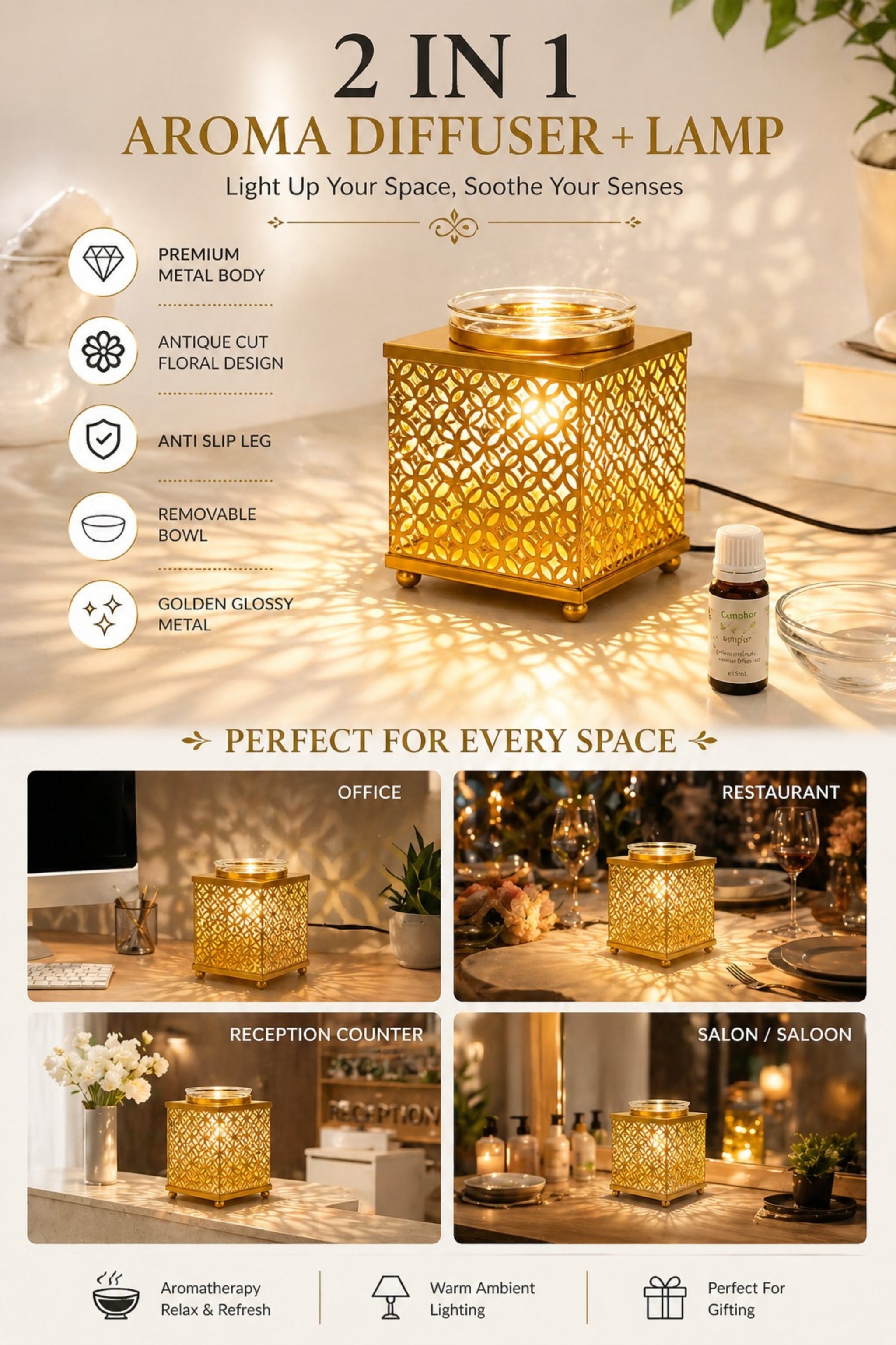 Premium Square Metal Electric Aroma Diffuser Lamp with Glass Bowl | Elegant Cutwork Oil Burner | Warm Ambient Light Aromatherapy Diffuser | Decorative Fragrance Lamp for Home & Gifting