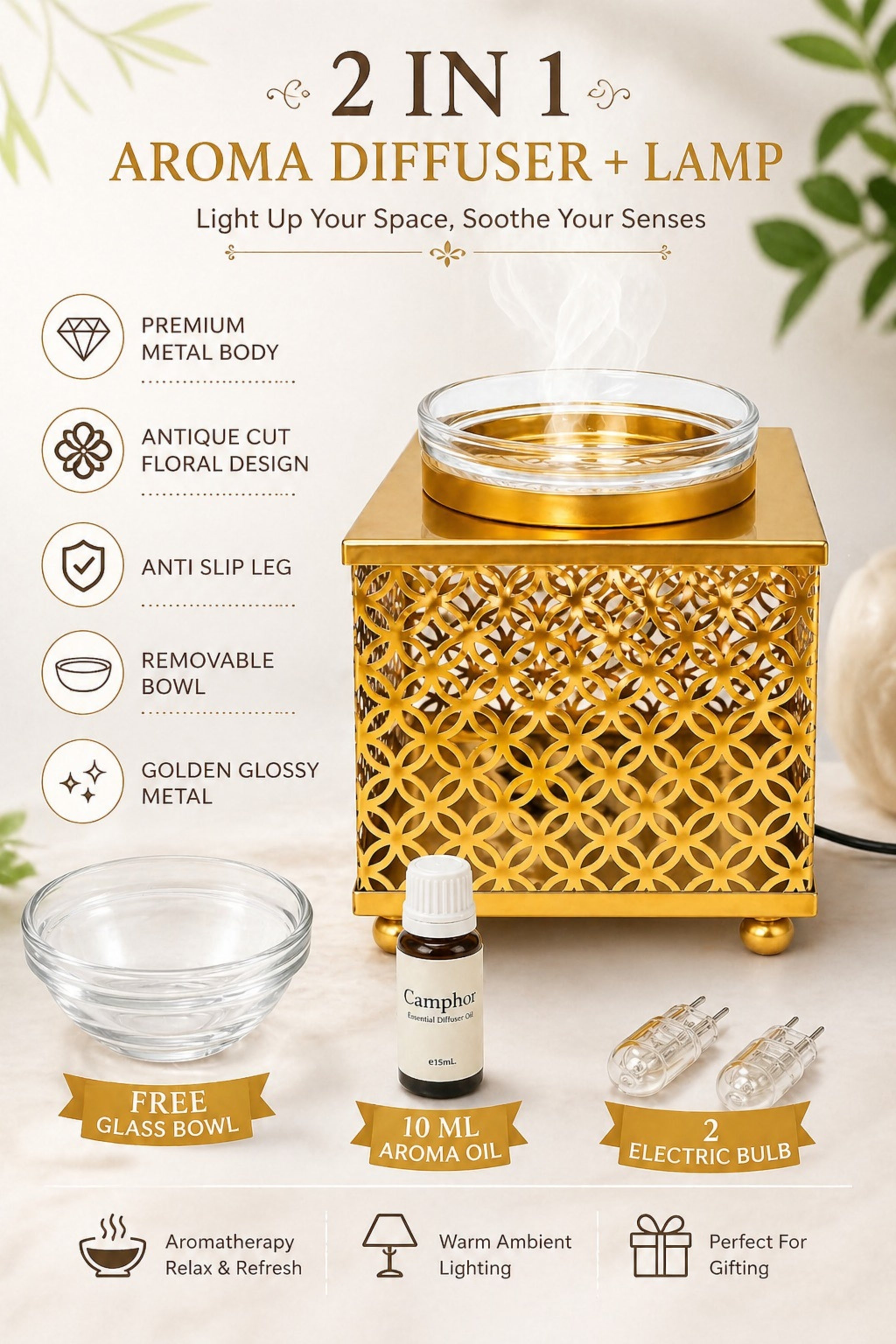 Premium Square Metal Electric Aroma Diffuser Lamp with Glass Bowl | Elegant Cutwork Oil Burner | Warm Ambient Light Aromatherapy Diffuser | Decorative Fragrance Lamp for Home & Gifting