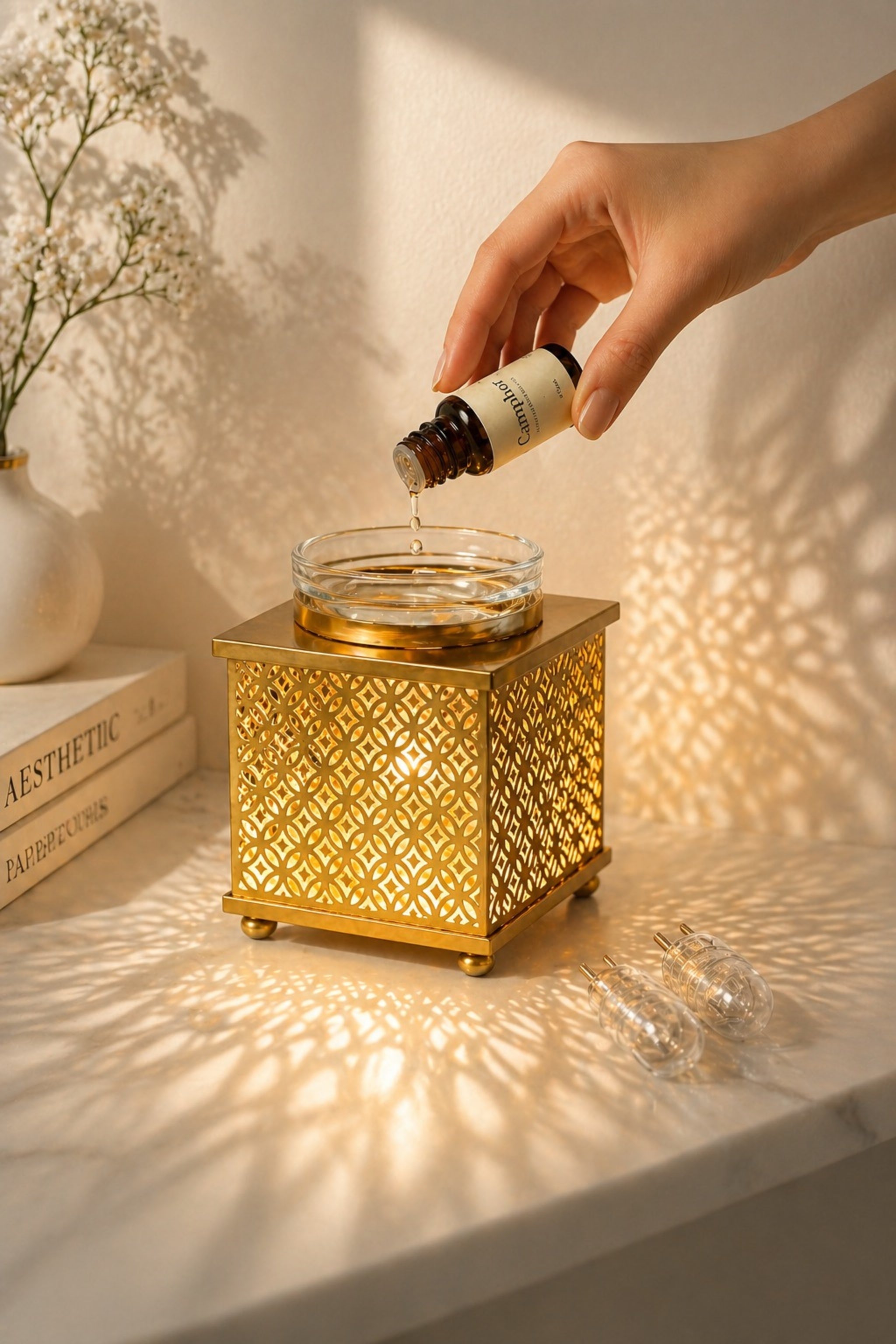 Premium Square Metal Electric Aroma Diffuser Lamp with Glass Bowl | Elegant Cutwork Oil Burner | Warm Ambient Light Aromatherapy Diffuser | Decorative Fragrance Lamp for Home & Gifting