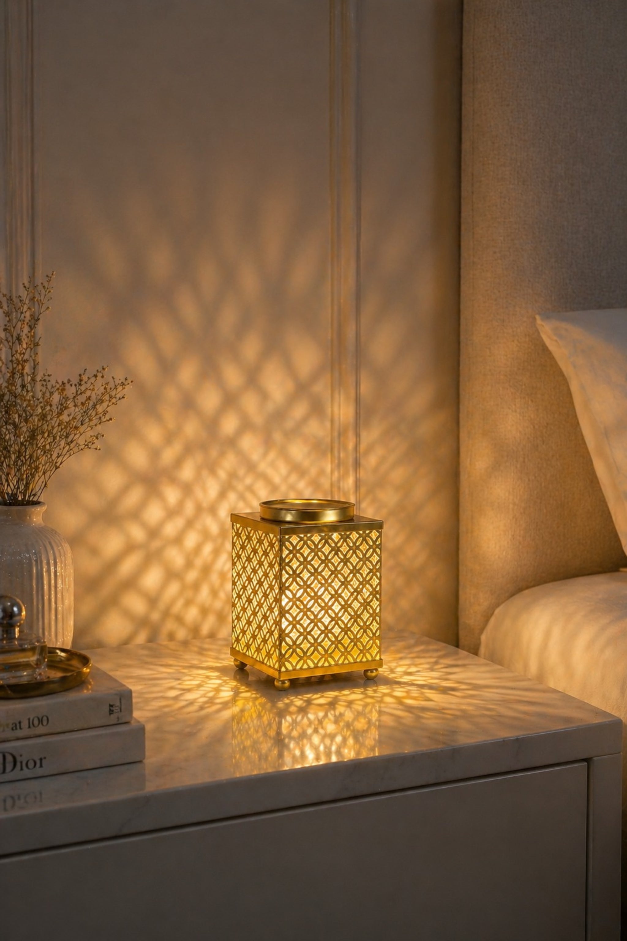 Premium Square Metal Electric Aroma Diffuser Lamp with Glass Bowl | Elegant Cutwork Oil Burner | Warm Ambient Light Aromatherapy Diffuser | Decorative Fragrance Lamp for Home & Gifting