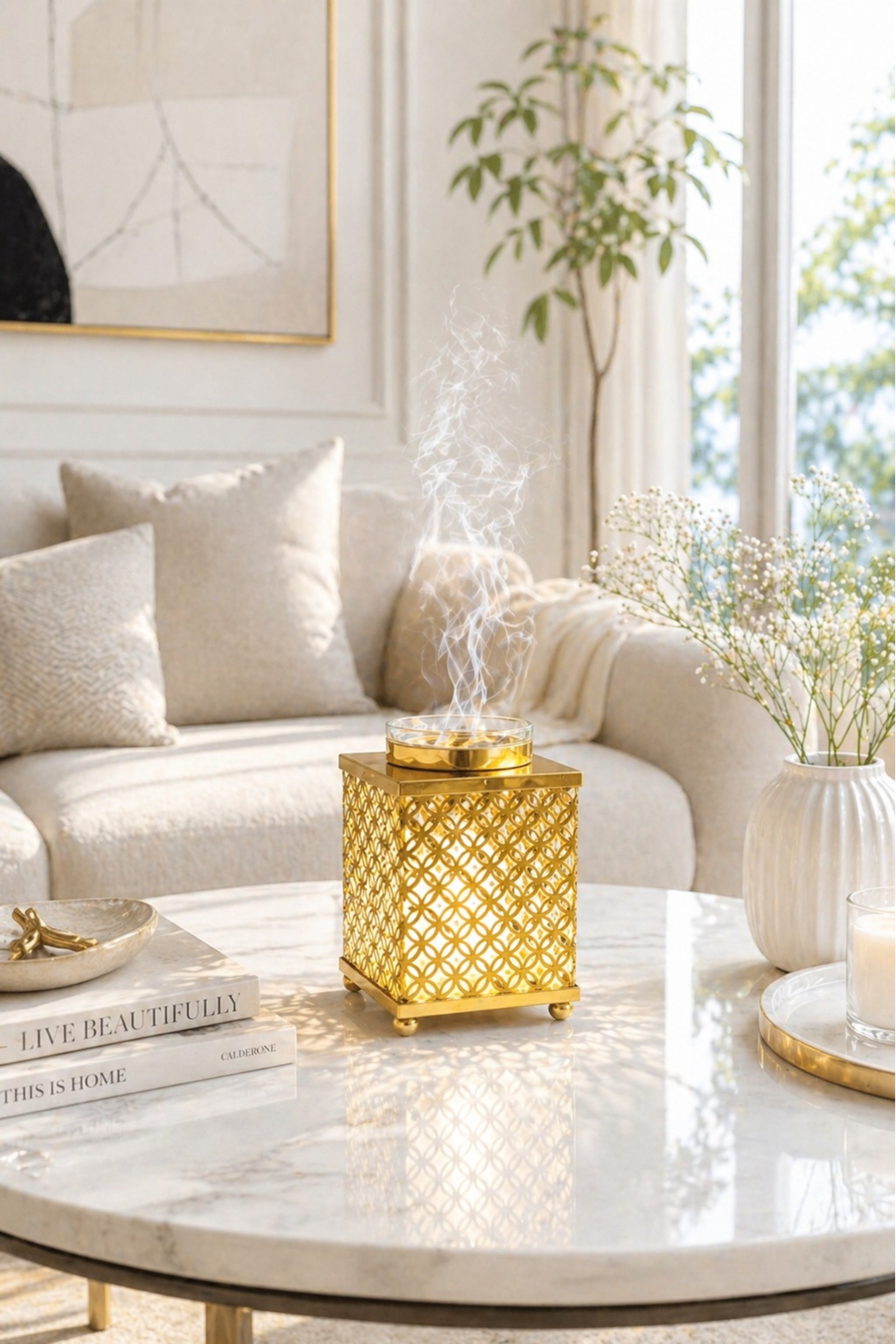 Premium Square Metal Electric Aroma Diffuser Lamp with Glass Bowl | Elegant Cutwork Oil Burner | Warm Ambient Light Aromatherapy Diffuser | Decorative Fragrance Lamp for Home & Gifting
