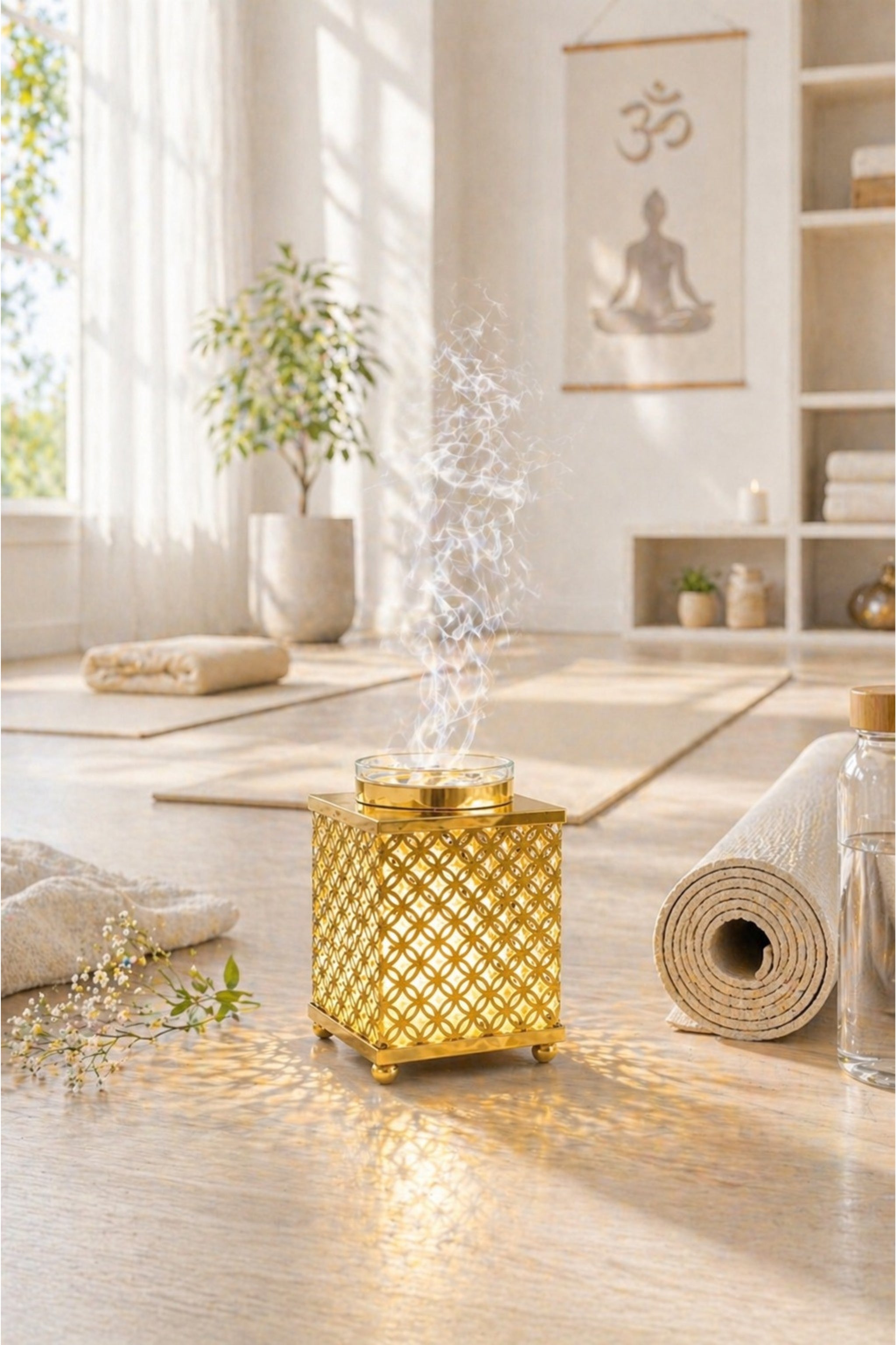 Premium Square Metal Electric Aroma Diffuser Lamp with Glass Bowl | Elegant Cutwork Oil Burner | Warm Ambient Light Aromatherapy Diffuser | Decorative Fragrance Lamp for Home & Gifting
