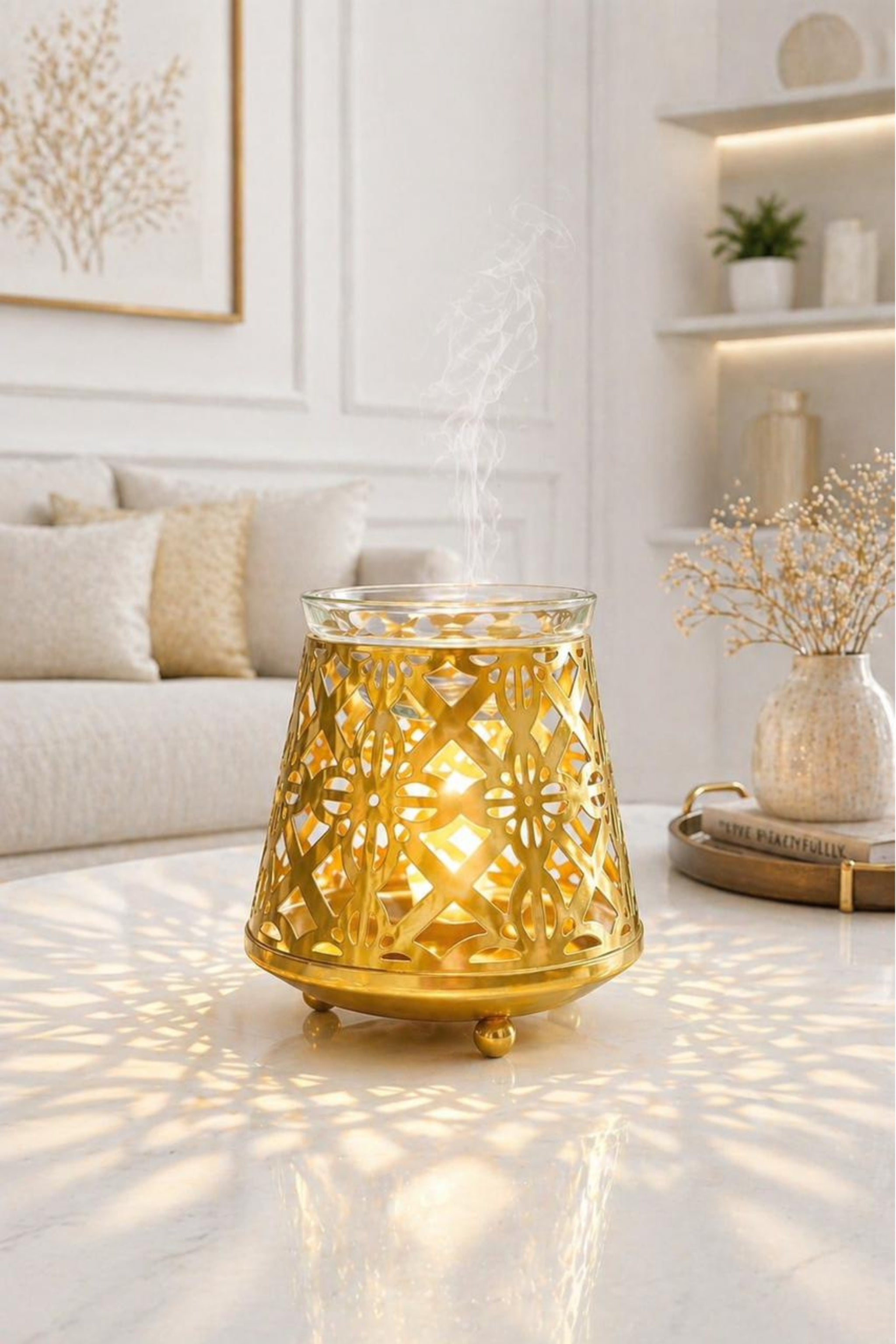 Golden Geometric Tealight Aroma Diffuser with Decorative Cutwork Design | Essential Oil Burner with Glass Bowl for Home, Spa & Relaxation | Fragrance Diffuser with Free 10ml Aroma Oil & 2 Tea Light Candles