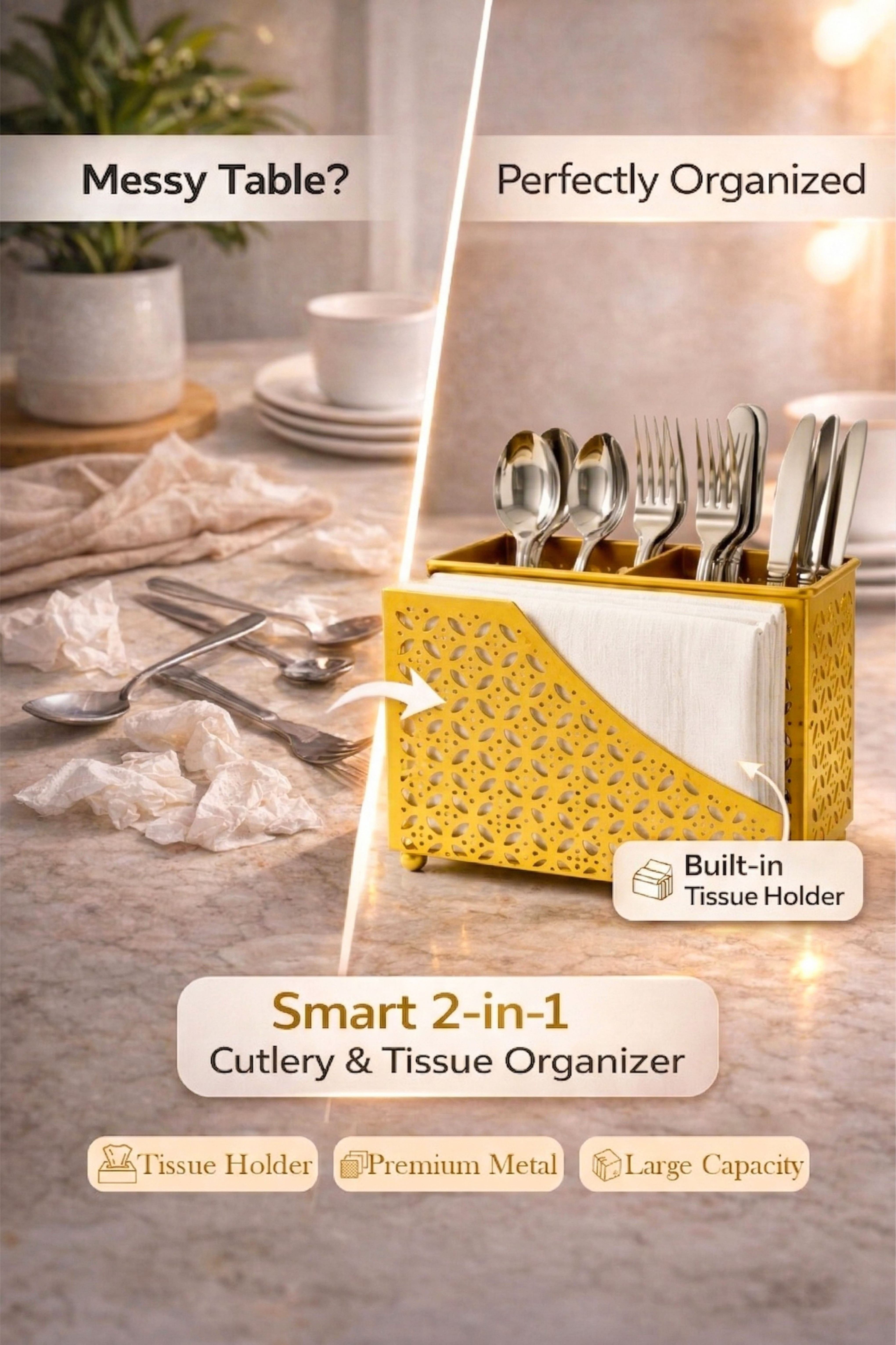 Premium 2-in-1 Cutlery & Napkin Holder | Elegant Gold Metal Organizer with Laser Cut Floral Design | Tabletop Storage for Spoons, Forks, Knives & Tissue | Kitchen & Dining Décor