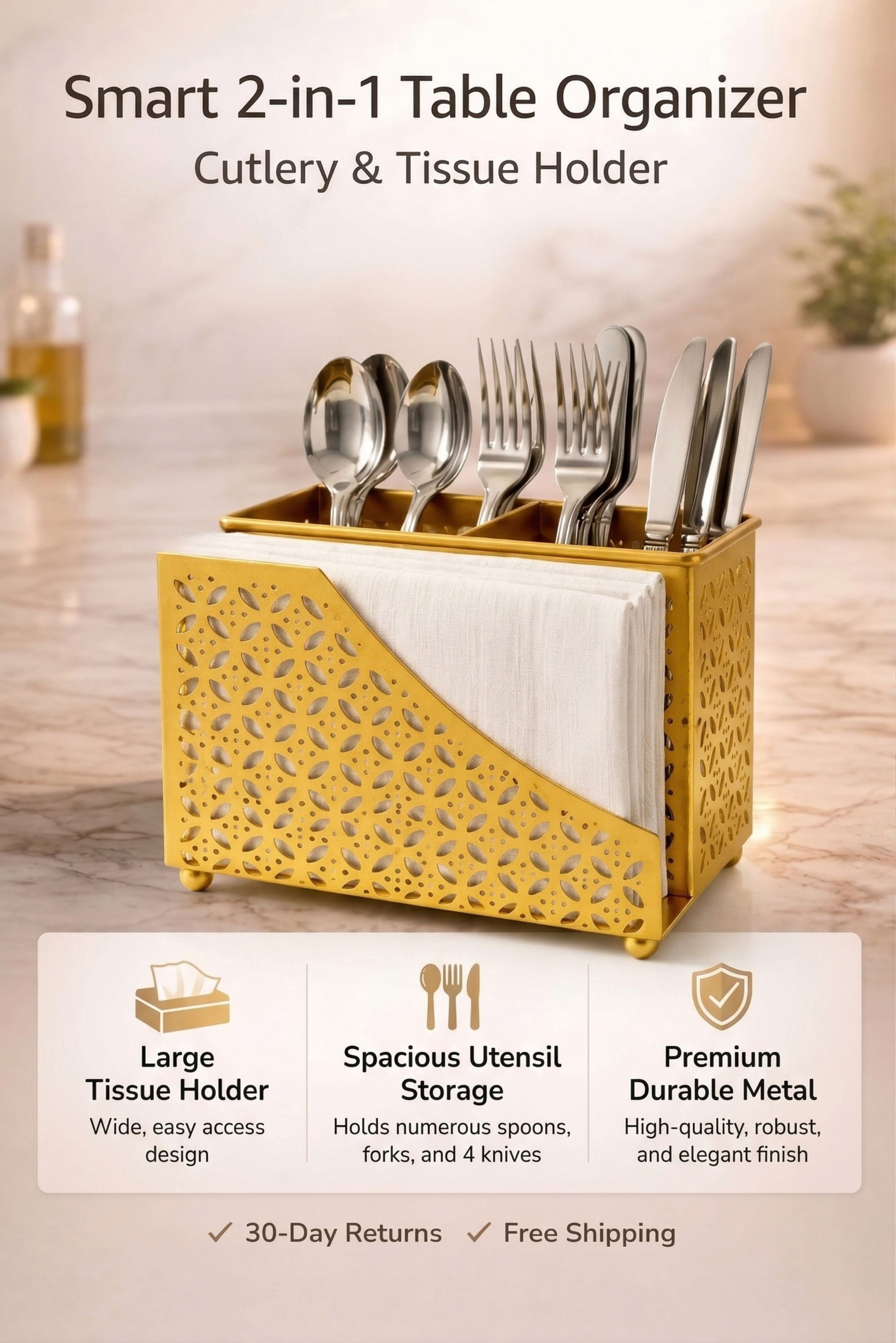 Premium 2-in-1 Cutlery & Napkin Holder | Elegant Gold Metal Organizer with Laser Cut Floral Design | Tabletop Storage for Spoons, Forks, Knives & Tissue | Kitchen & Dining Décor
