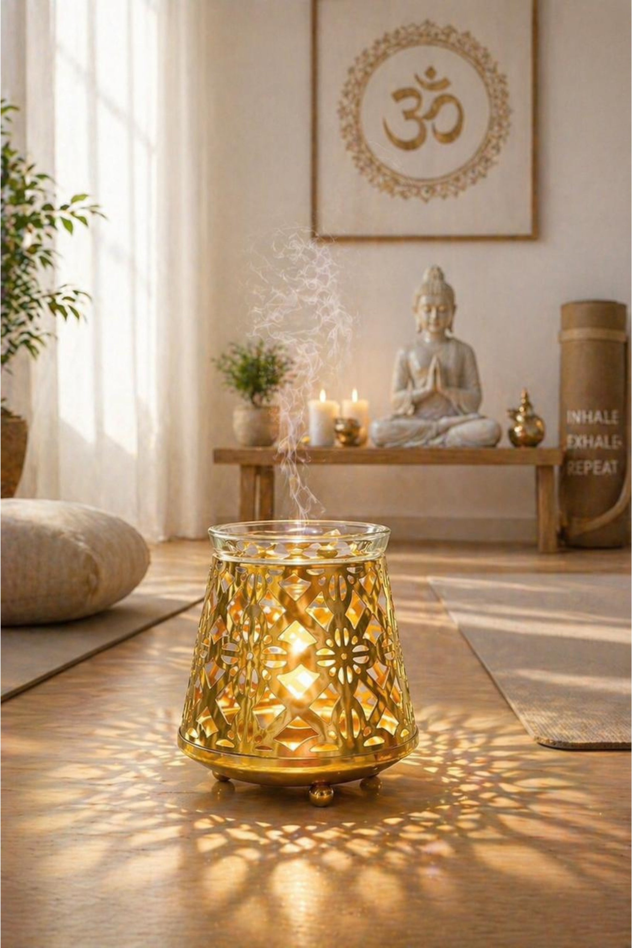 Golden Geometric Tealight Aroma Diffuser with Decorative Cutwork Design | Essential Oil Burner with Glass Bowl for Home, Spa & Relaxation | Fragrance Diffuser with Free 10ml Aroma Oil & 2 Tea Light Candles