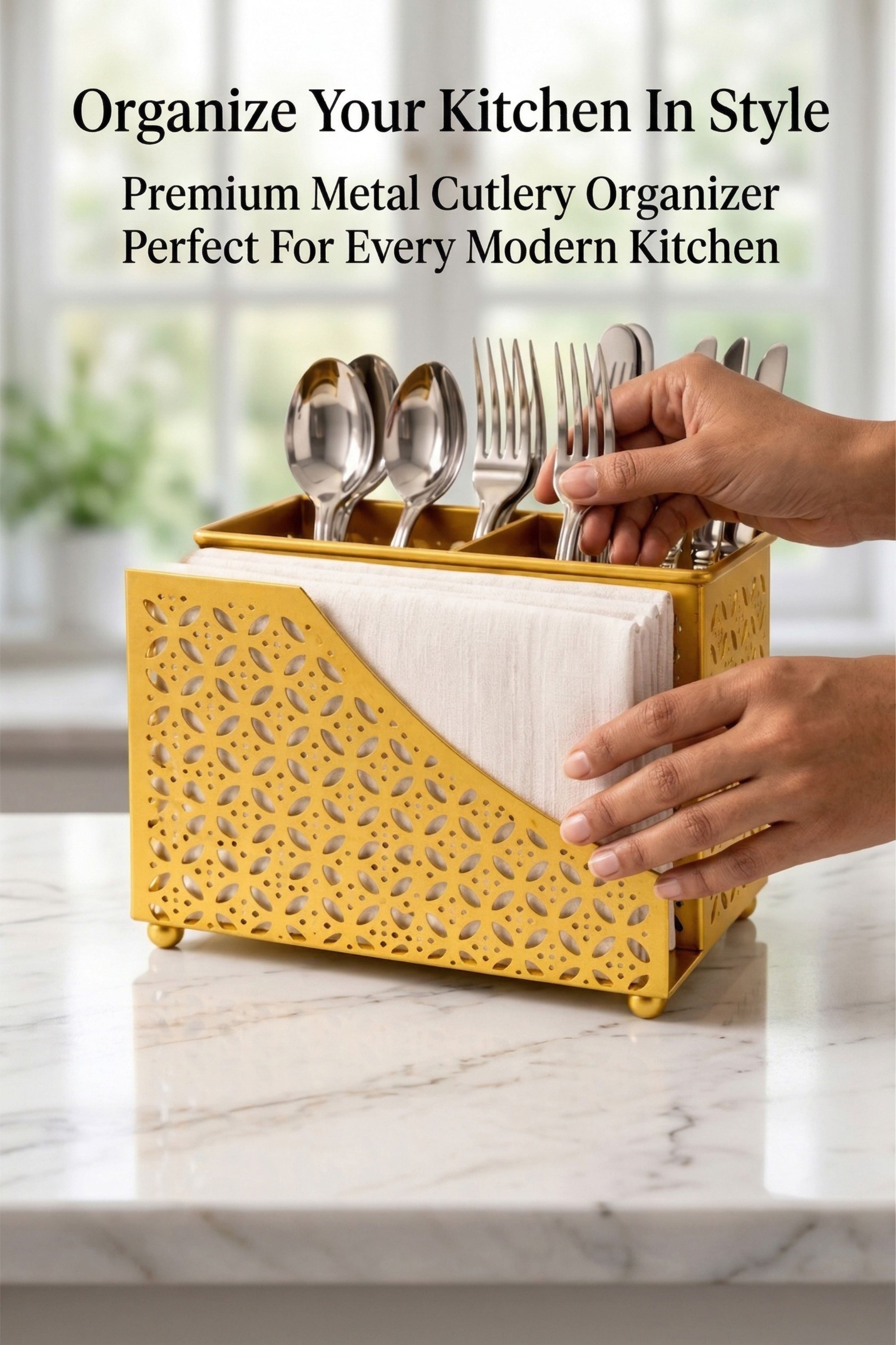 Premium 2-in-1 Cutlery & Napkin Holder | Elegant Gold Metal Organizer with Laser Cut Floral Design | Tabletop Storage for Spoons, Forks, Knives & Tissue | Kitchen & Dining Décor