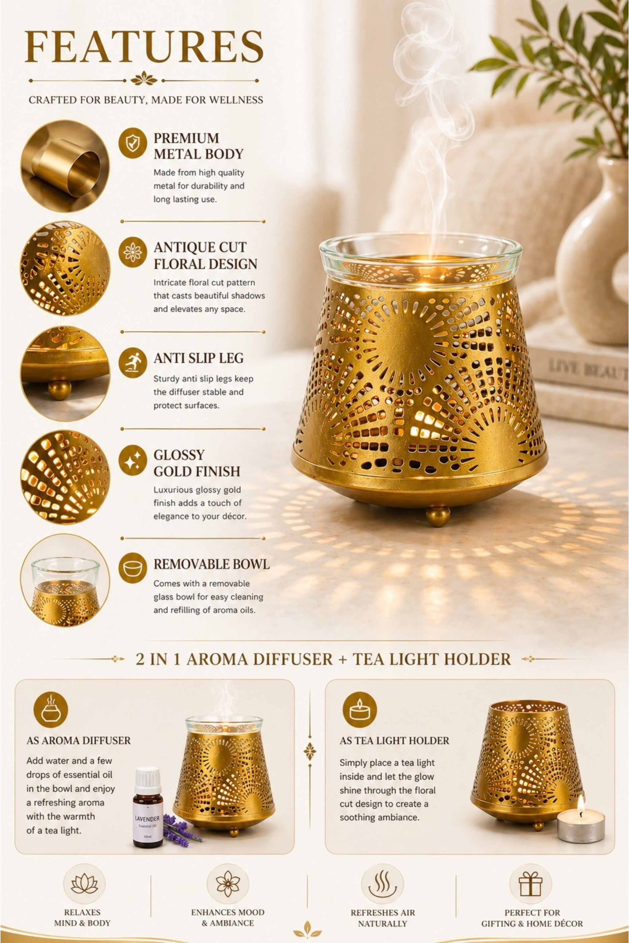 Golden Sunburst Tealight Aroma Diffuser with Decorative Cutwork Design | Essential Oil Burner with Glass Bowl for Home, Spa & Relaxation | Fragrance Diffuser with Free 10ml Aroma Oil & 2 Tea Light Candles