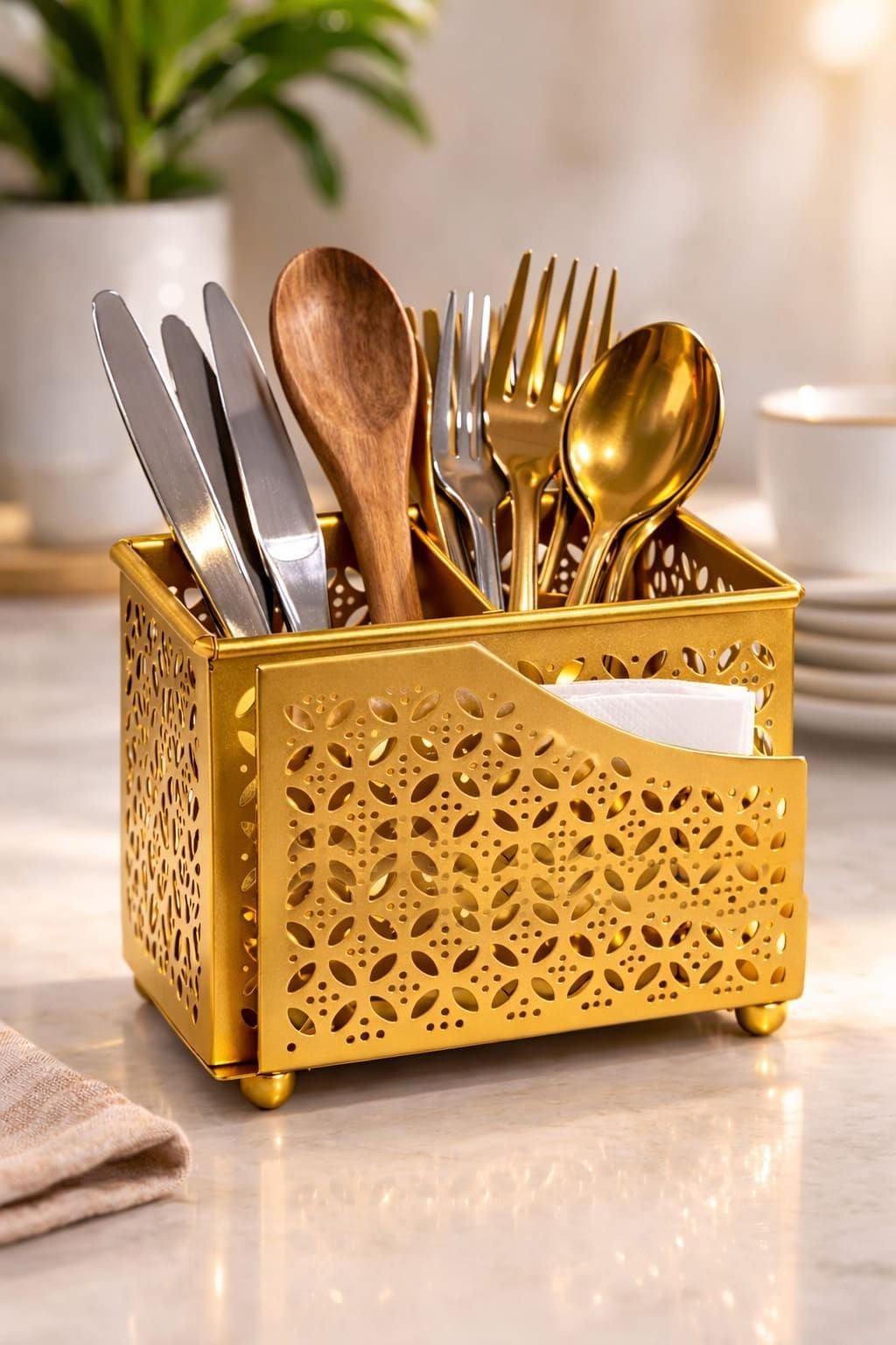 Premium 2-in-1 Cutlery & Napkin Holder | Elegant Gold Metal Organizer with Laser Cut Floral Design | Tabletop Storage for Spoons, Forks, Knives & Tissue | Kitchen & Dining Décor