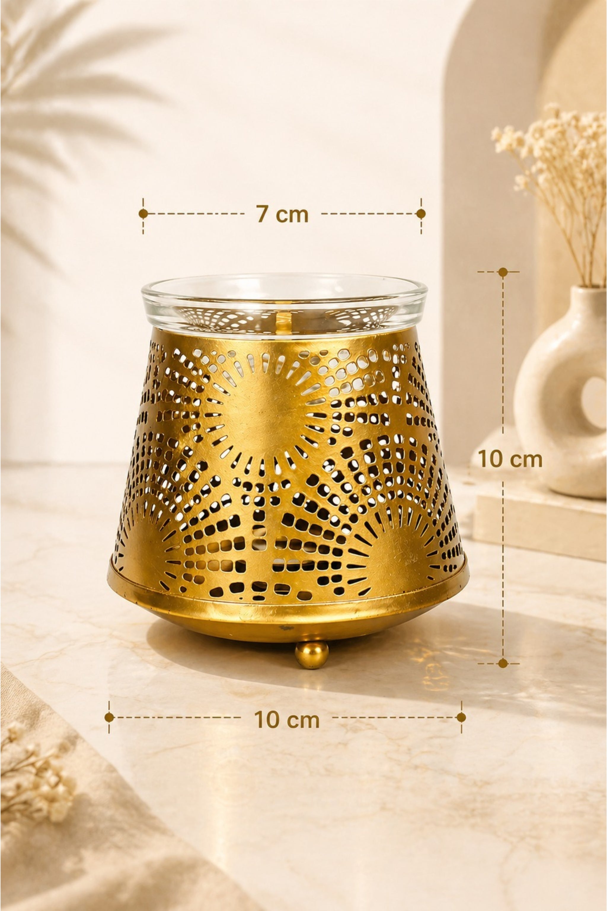 Golden Sunburst Tealight Aroma Diffuser with Decorative Cutwork Design | Essential Oil Burner with Glass Bowl for Home, Spa & Relaxation | Fragrance Diffuser with Free 10ml Aroma Oil & 2 Tea Light Candles