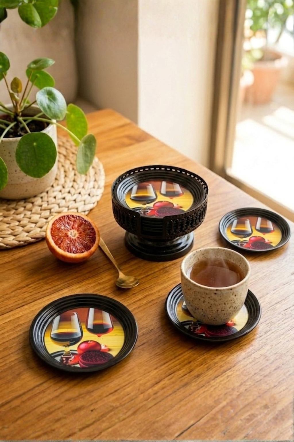 Resin Coated Metal Coaster Set of 6 with Stand | Wine Theme Black Tea Coffee Coasters | Waterproof Heat Resistant Table Coasters
