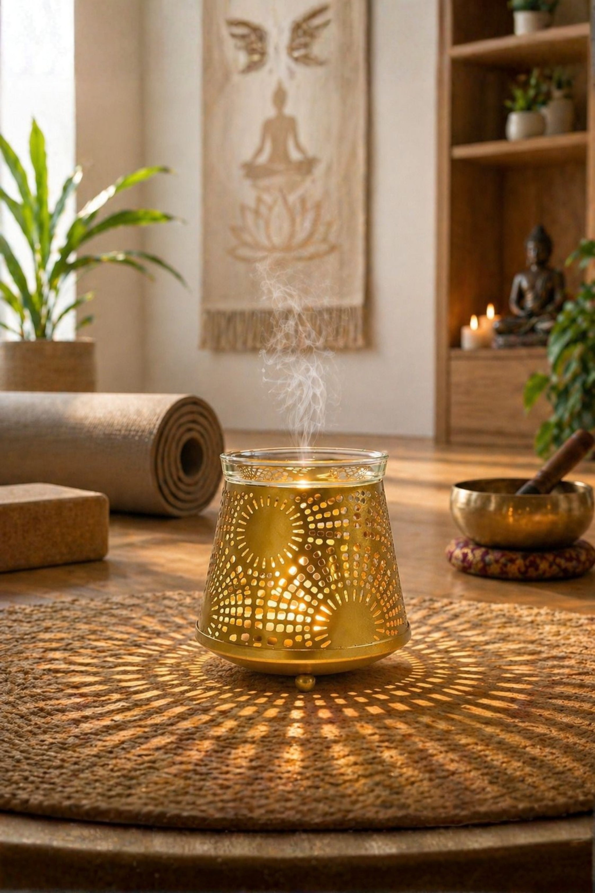 Golden Sunburst Tealight Aroma Diffuser with Decorative Cutwork Design | Essential Oil Burner with Glass Bowl for Home, Spa & Relaxation | Fragrance Diffuser with Free 10ml Aroma Oil & 2 Tea Light Candles