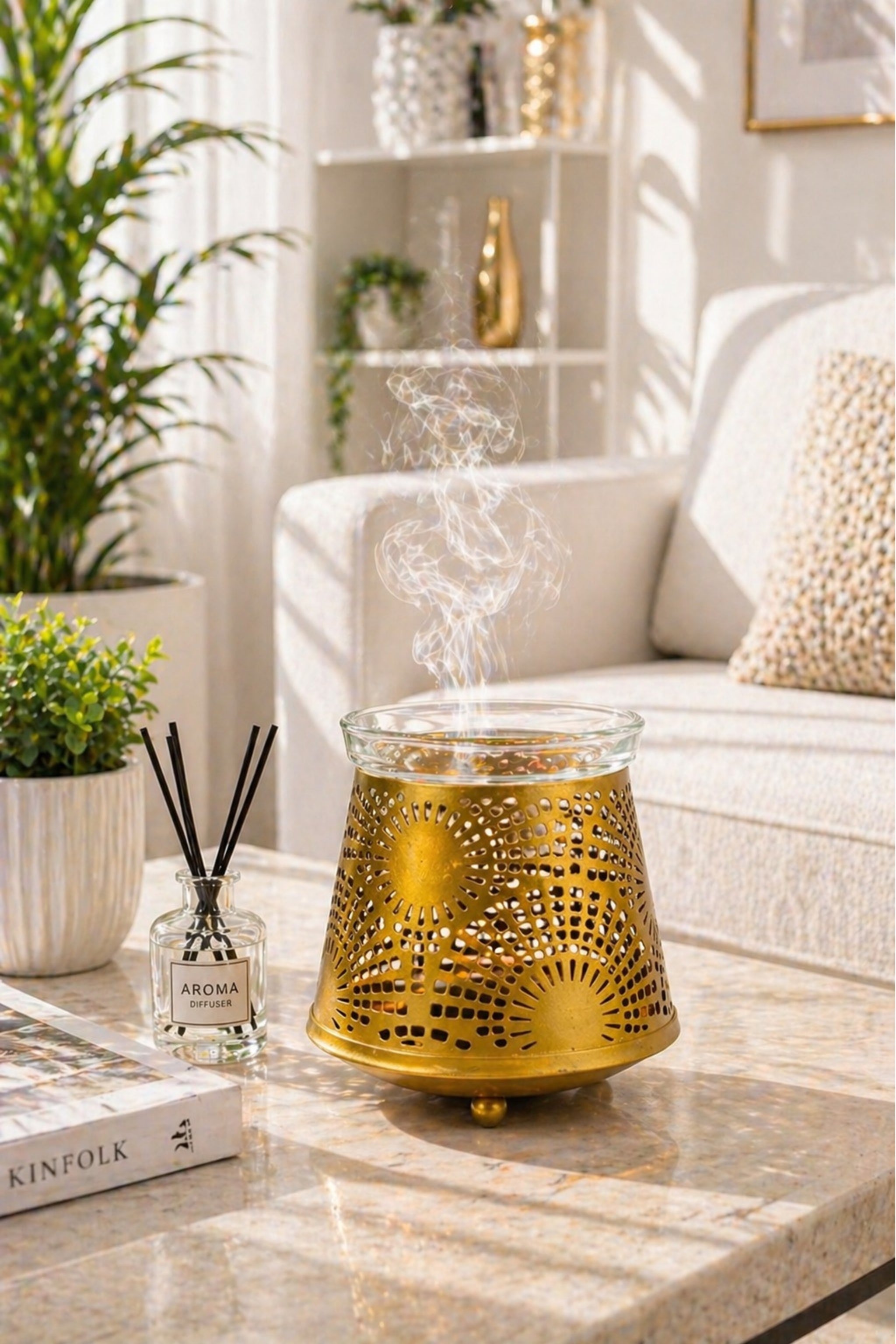 Golden Sunburst Tealight Aroma Diffuser with Decorative Cutwork Design | Essential Oil Burner with Glass Bowl for Home, Spa & Relaxation | Fragrance Diffuser with Free 10ml Aroma Oil & 2 Tea Light Candles