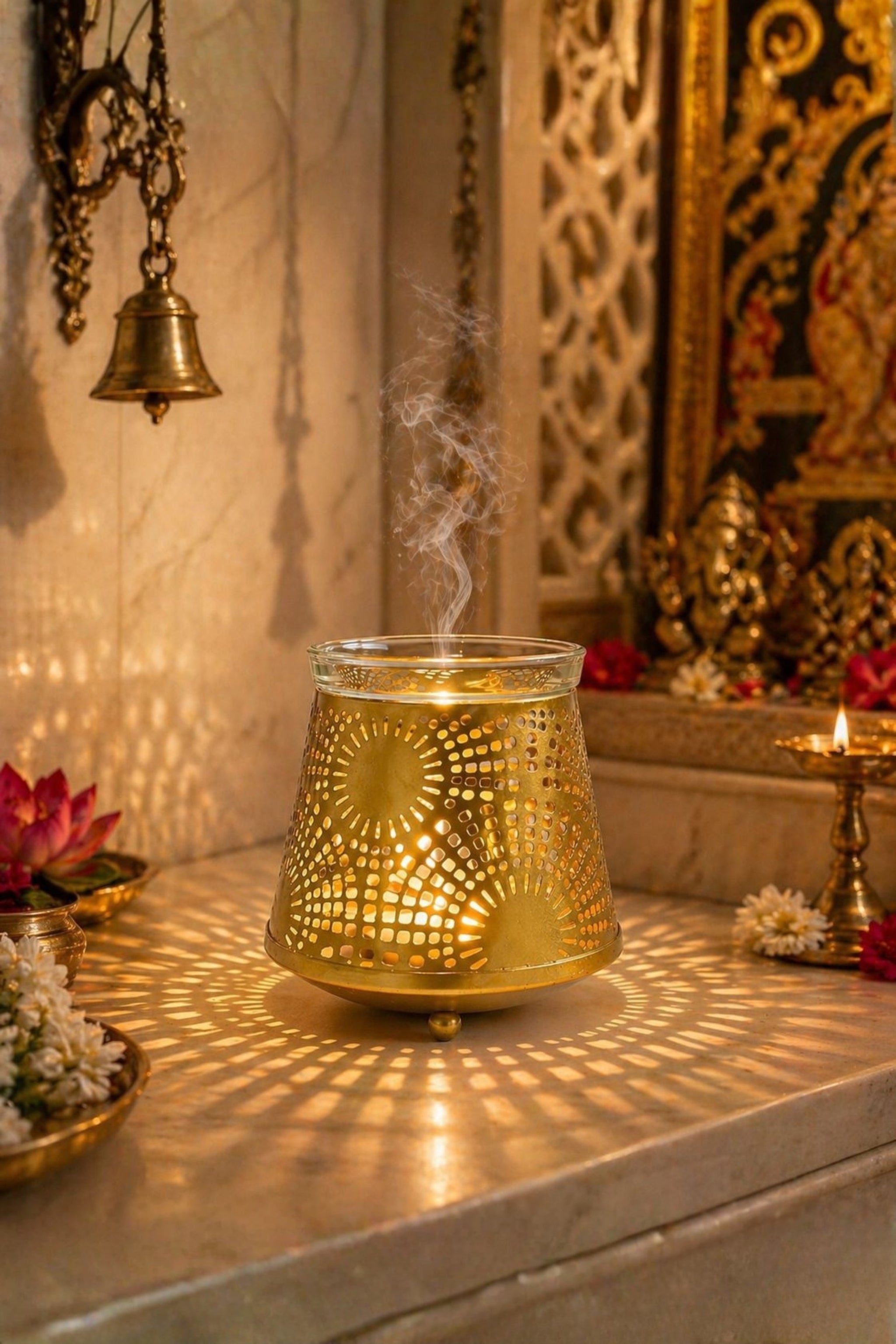 Golden Sunburst Tealight Aroma Diffuser with Decorative Cutwork Design | Essential Oil Burner with Glass Bowl for Home, Spa & Relaxation | Fragrance Diffuser with Free 10ml Aroma Oil & 2 Tea Light Candles