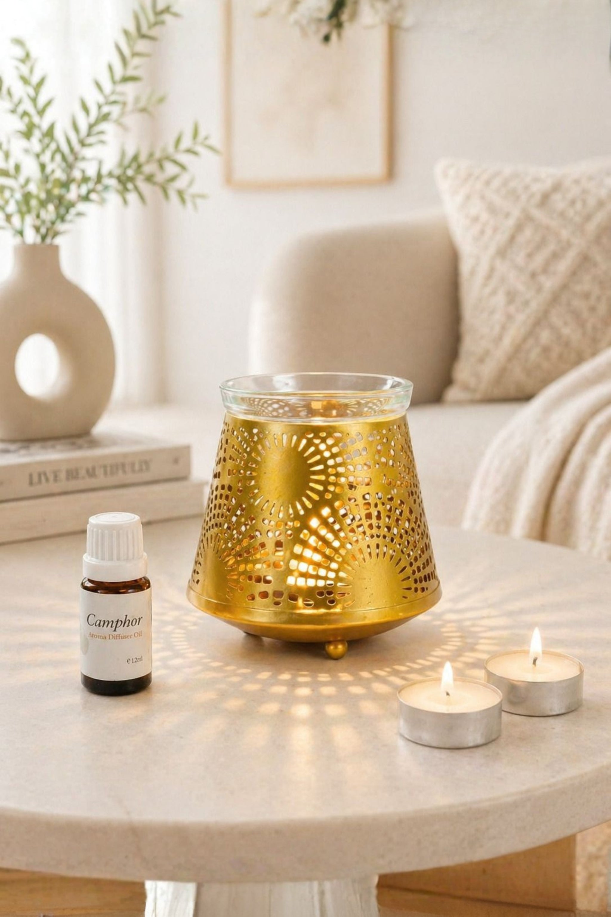 Golden Sunburst Tealight Aroma Diffuser with Decorative Cutwork Design | Essential Oil Burner with Glass Bowl for Home, Spa & Relaxation | Fragrance Diffuser with Free 10ml Aroma Oil & 2 Tea Light Candles