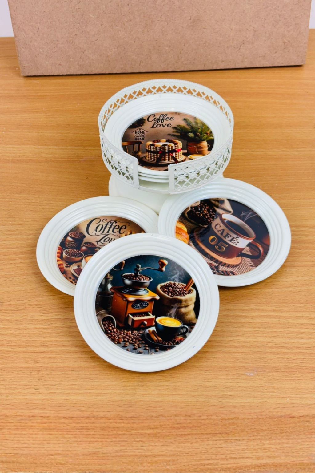 Resin Coated Metal Coaster Set of 6 with Stand | Coffee Theme White Tea Coffee Coasters | Waterproof Heat Resistant Table Coasters