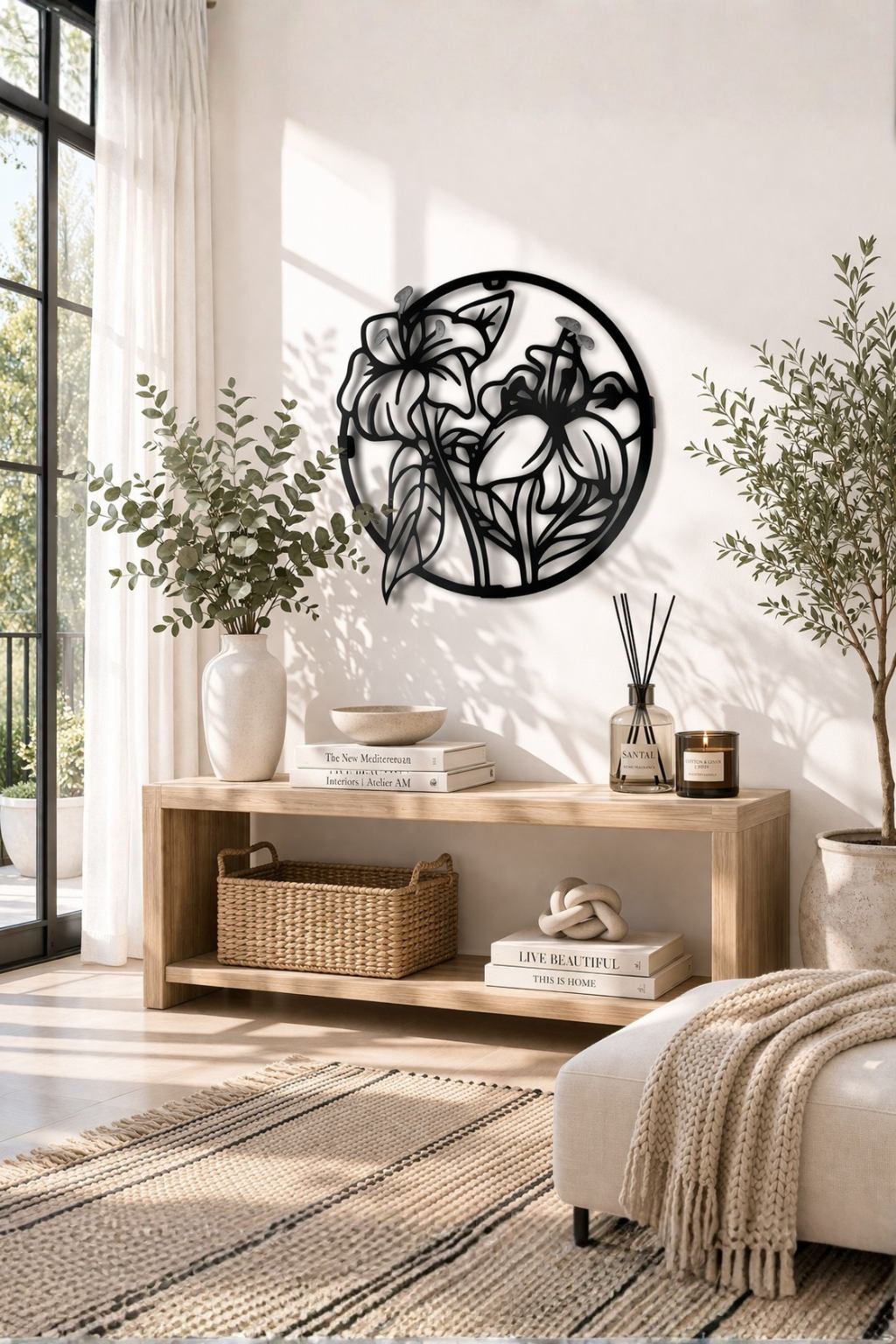 Premium Floral Metal Wall Art | Round Black Leaf Flower Design Wall Decor | Laser Cut Iron Wall Hanging | Elegant Living Room Bedroom Home Decoration | Modern Minimal Wall Accent