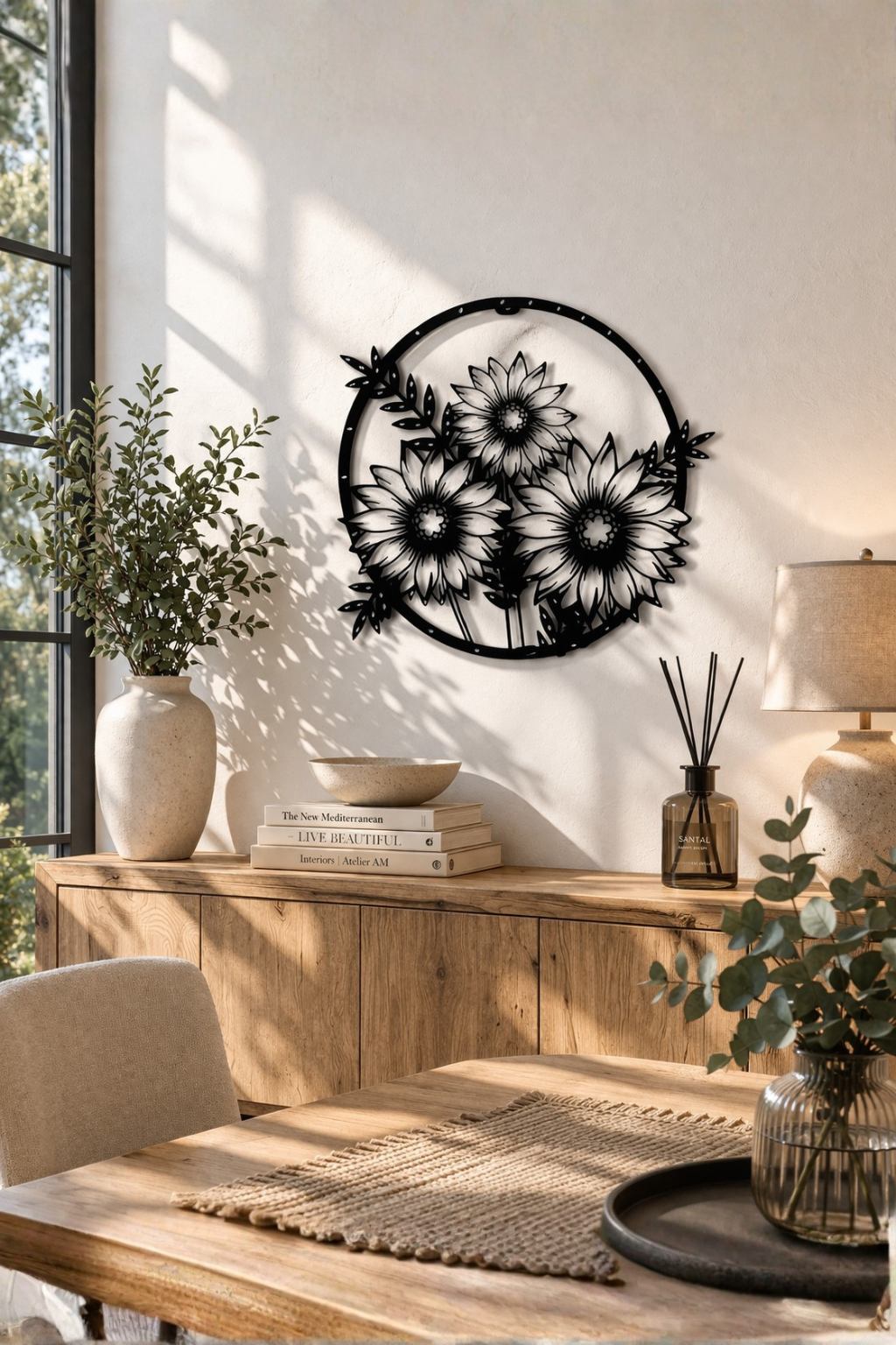 Premium Floral Metal Wall Art | Round Black Daisy Flower Design Wall Decor | Laser Cut Iron Wall Hanging | Elegant Living Room Bedroom Dining Decoration | Modern Minimal Wall Accent