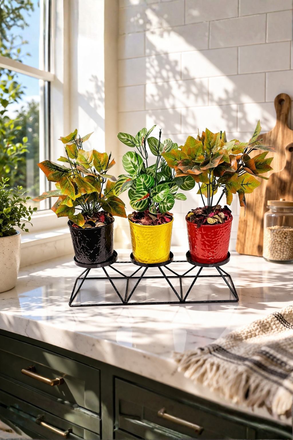 Premium 3 Pot Metal Planter Stand | Multicolor Decorative Plant Pots with Iron Holder | Indoor Tabletop Planter Set | Modern Home Kitchen Office Garden Décor