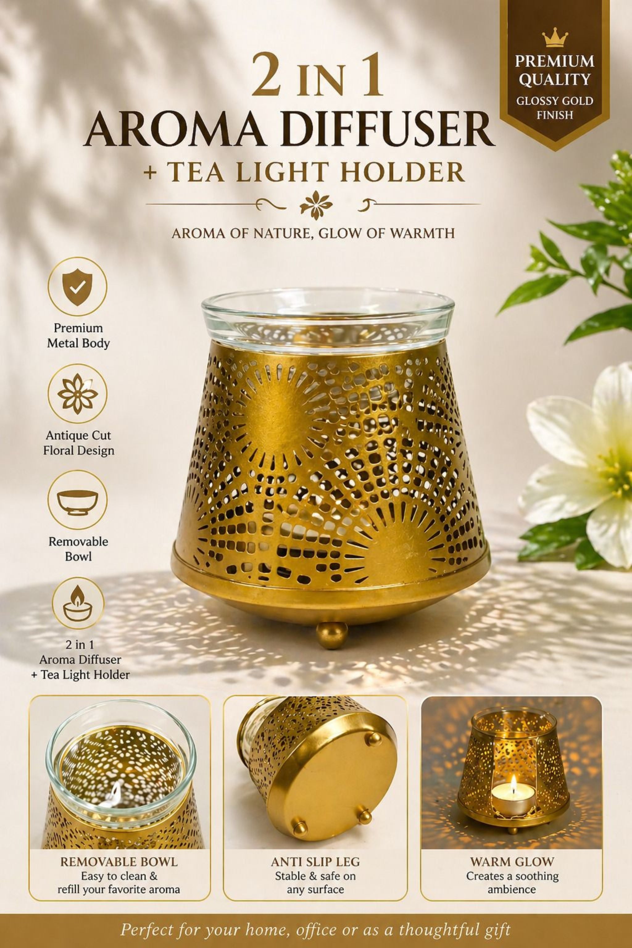 Golden Sunburst Tealight Aroma Diffuser with Decorative Cutwork Design | Essential Oil Burner with Glass Bowl for Home, Spa & Relaxation | Fragrance Diffuser with Free 10ml Aroma Oil & 2 Tea Light Candles
